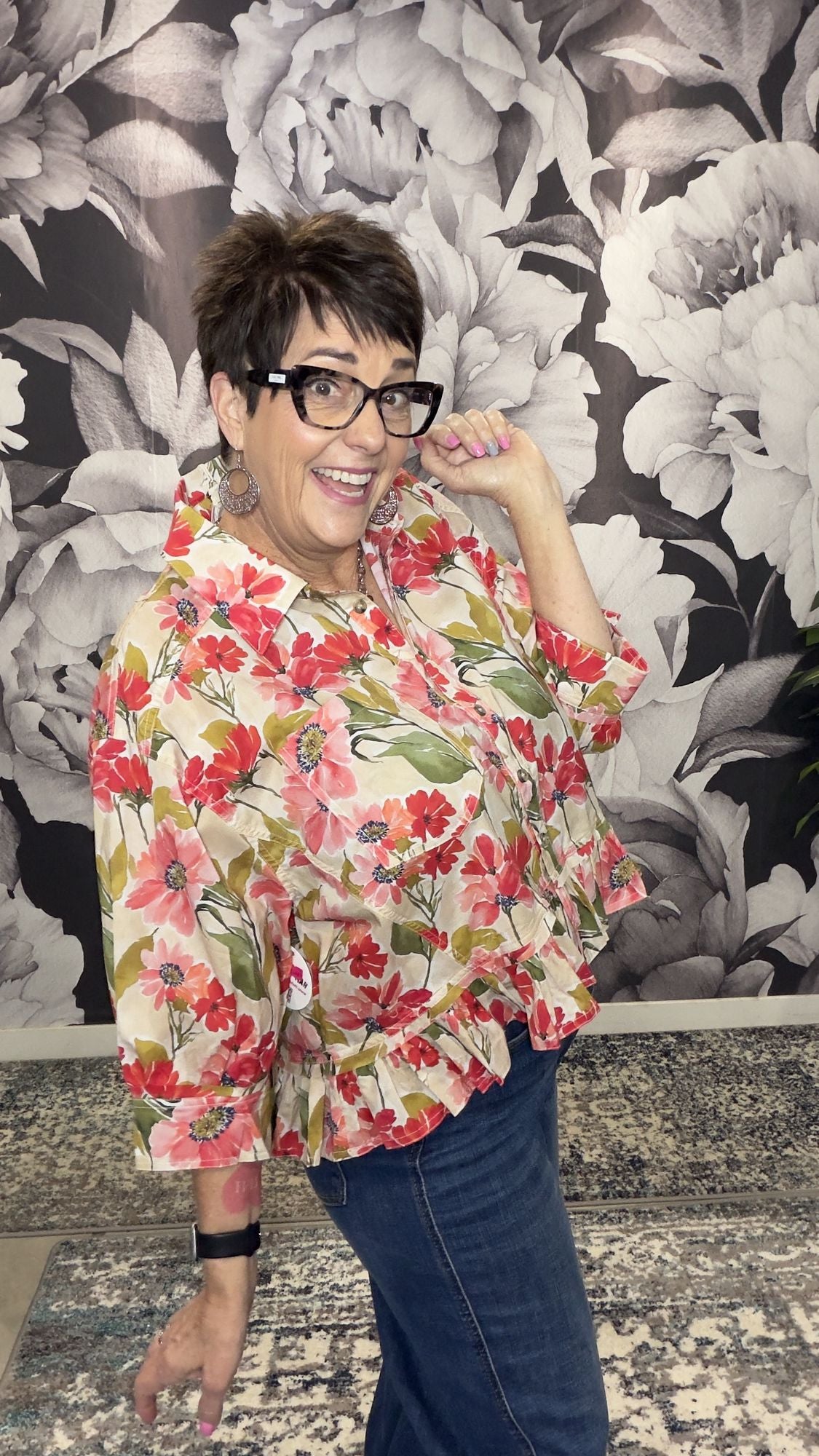 Floral Print Ruffled Hem Button-Up Shirt Top
