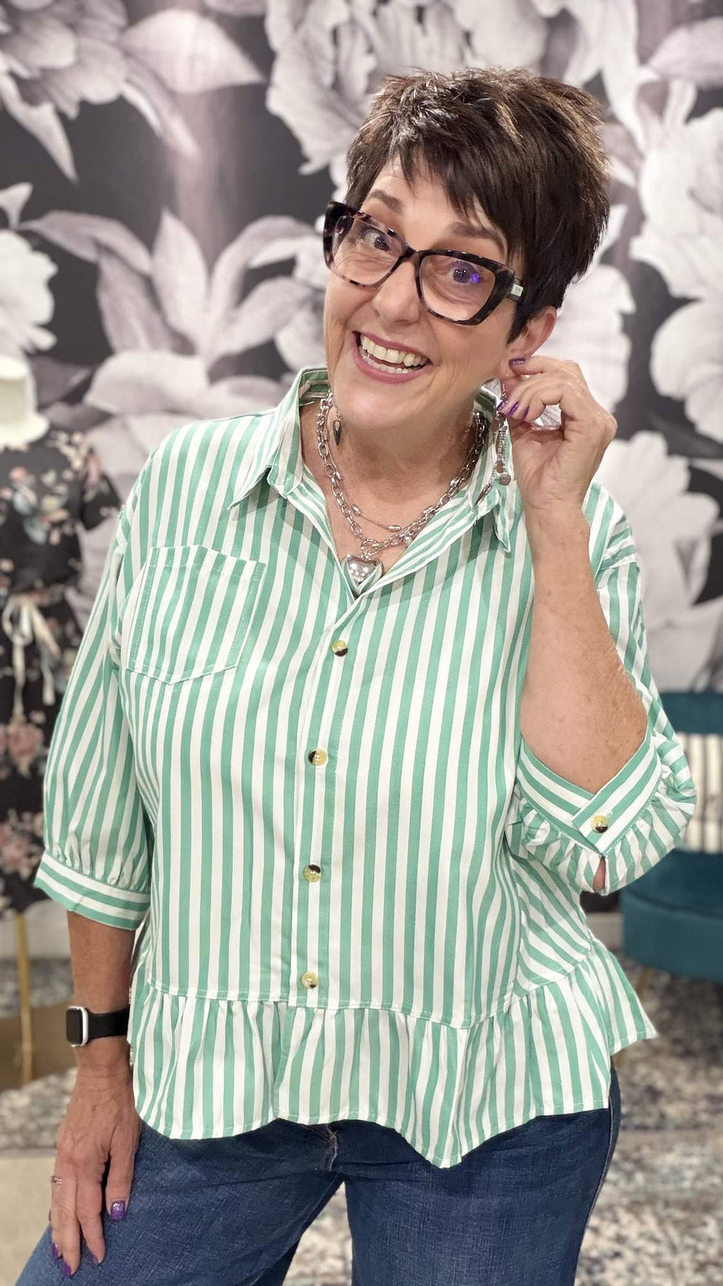 Womens Striped Button Down Ruffle Hem Blouse 3/4 Sleeve