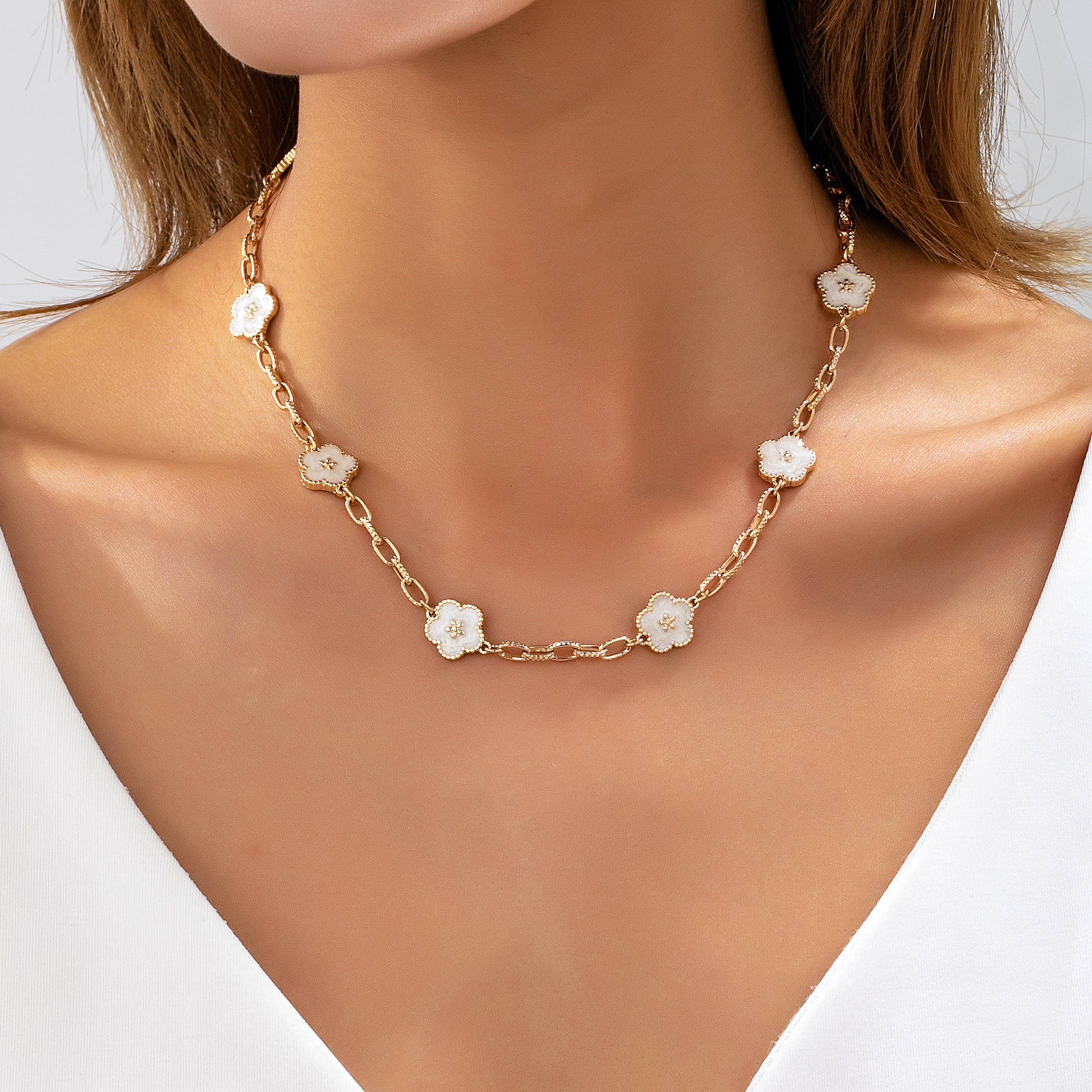 Vintage Floral Station Necklace – White Enamel & Gold