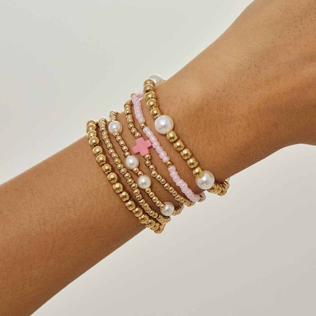 MULTI BALL PEARL BEAD CROSS STRETCHABLE BRACELET