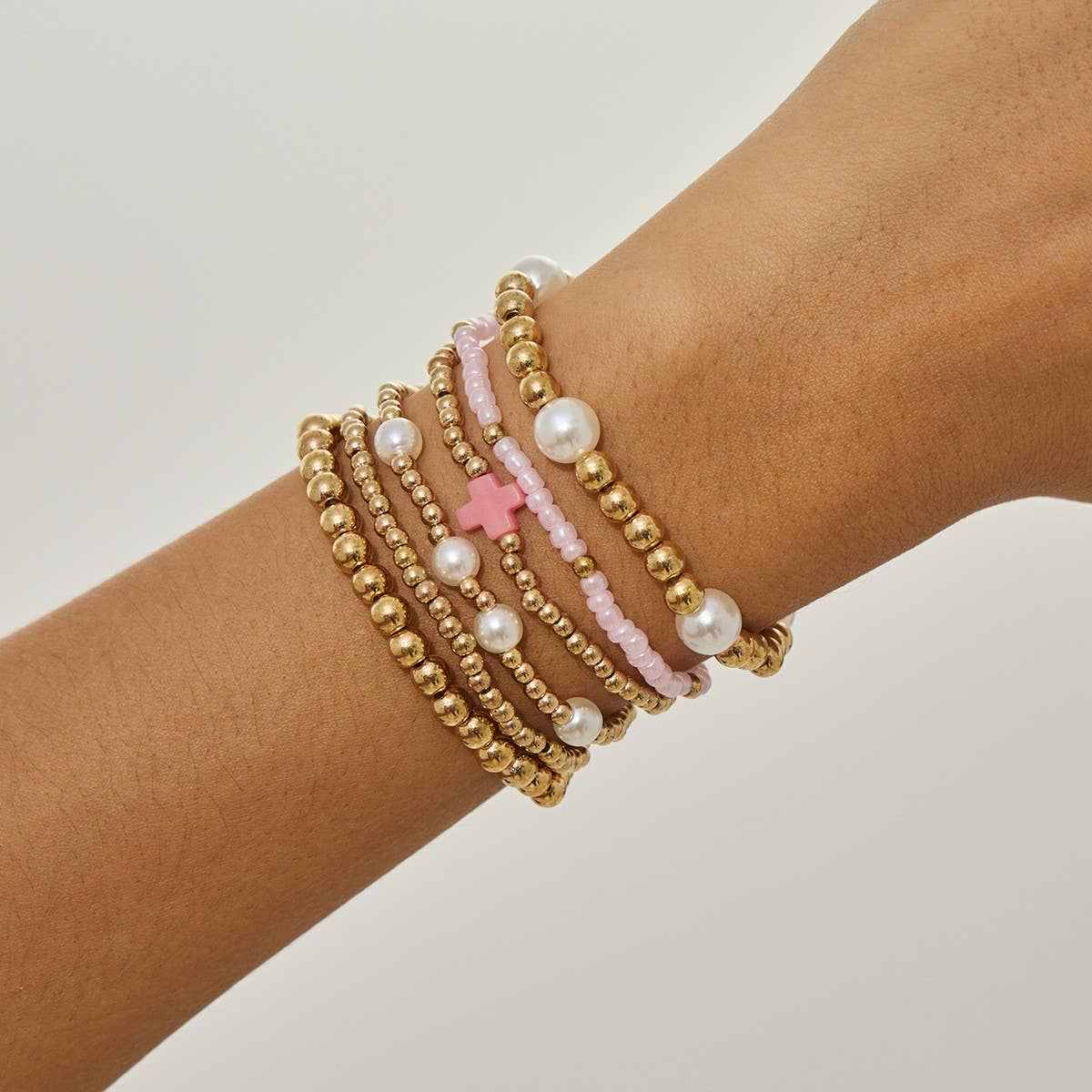 MULTI BALL PEARL BEAD CROSS STRETCHABLE BRACELET