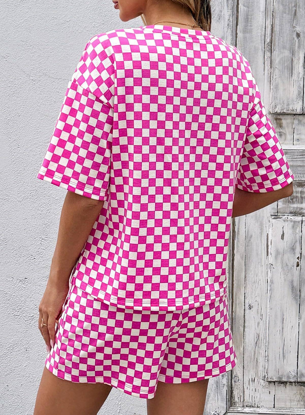Pink Checkerboard Lounge Set – Women's Two-Piece Matching Set