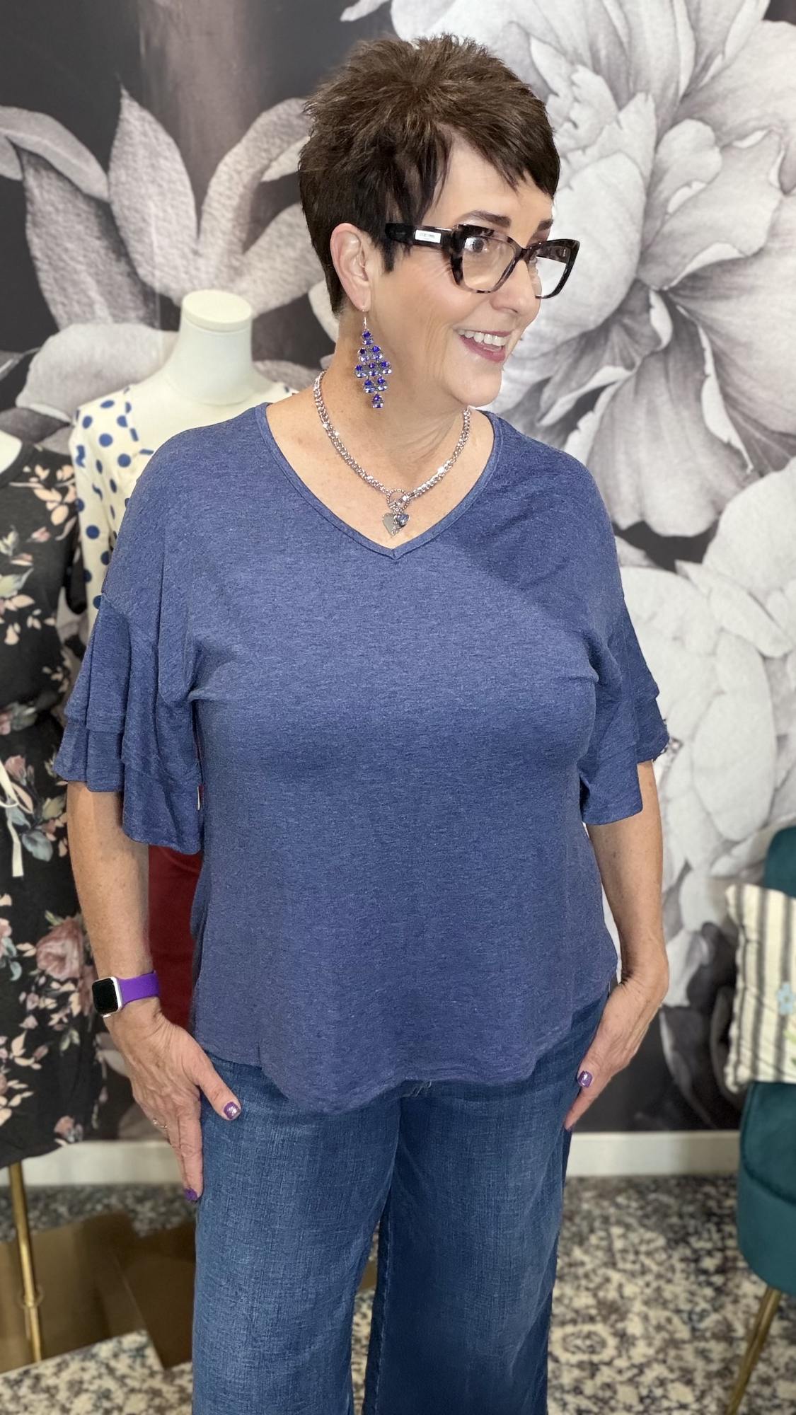 Ruffle Sleeve V-Neck Top — Women's Loose Fit Boutique Top
