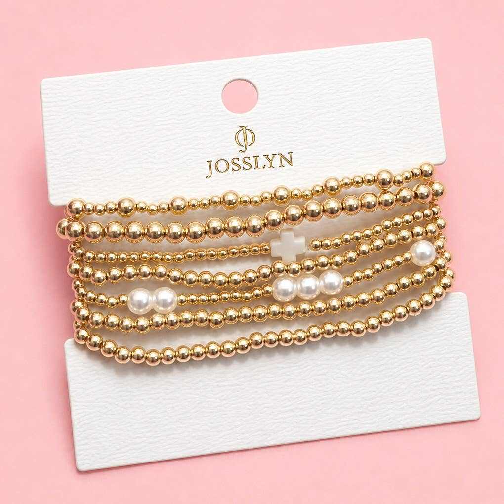 MULTI BALL PEARL BEAD CROSS STRETCHABLE BRACELET