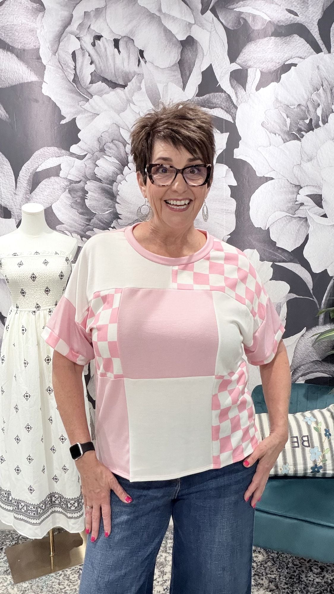 Pink Checkered Patchwork Short Sleeve Top