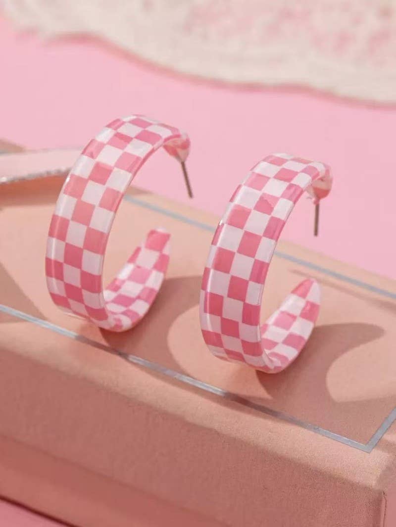 Retro Checkerboard Hoop Earrings – Black & Pink Statement Earrings