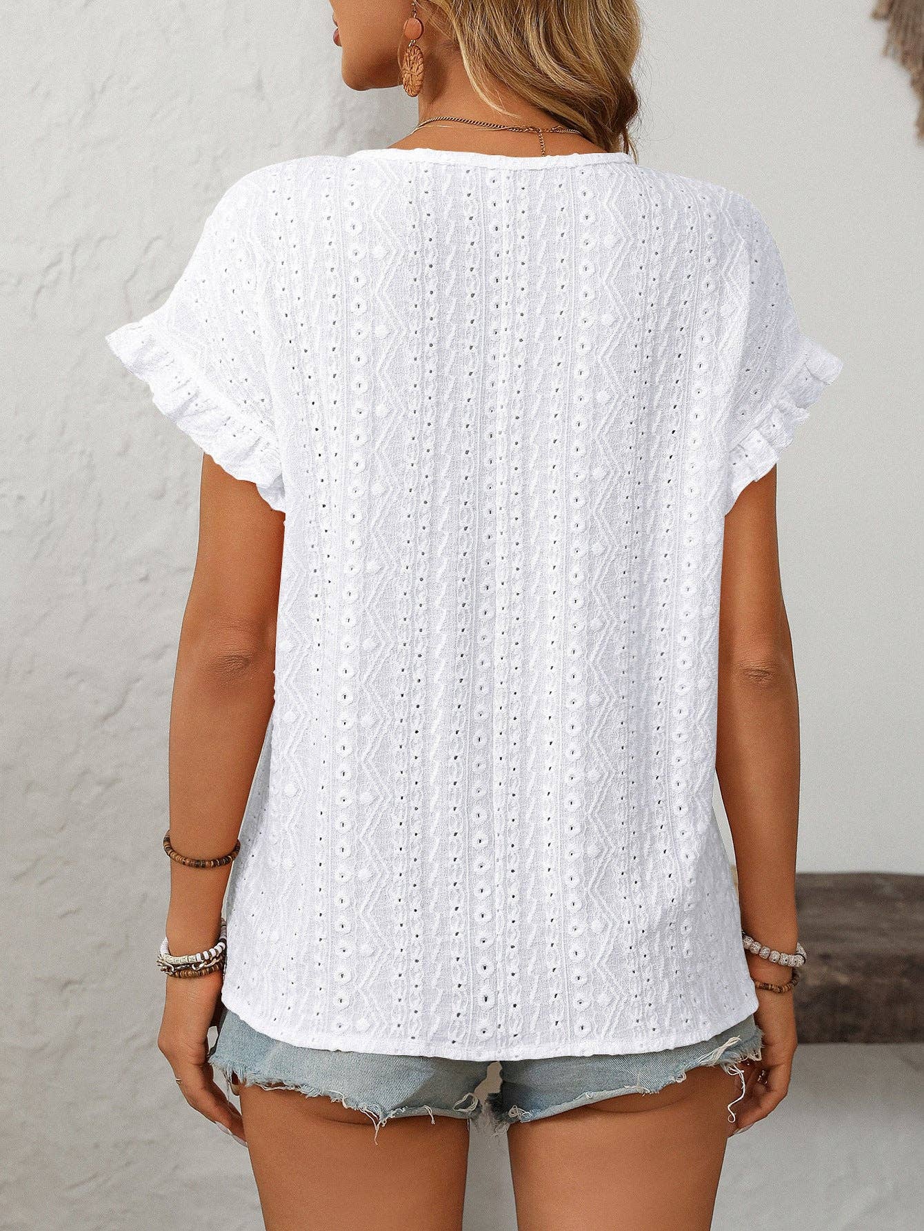 Solid Color Crewneck Sweet Short-Sleeve Hollow-Out Top - White