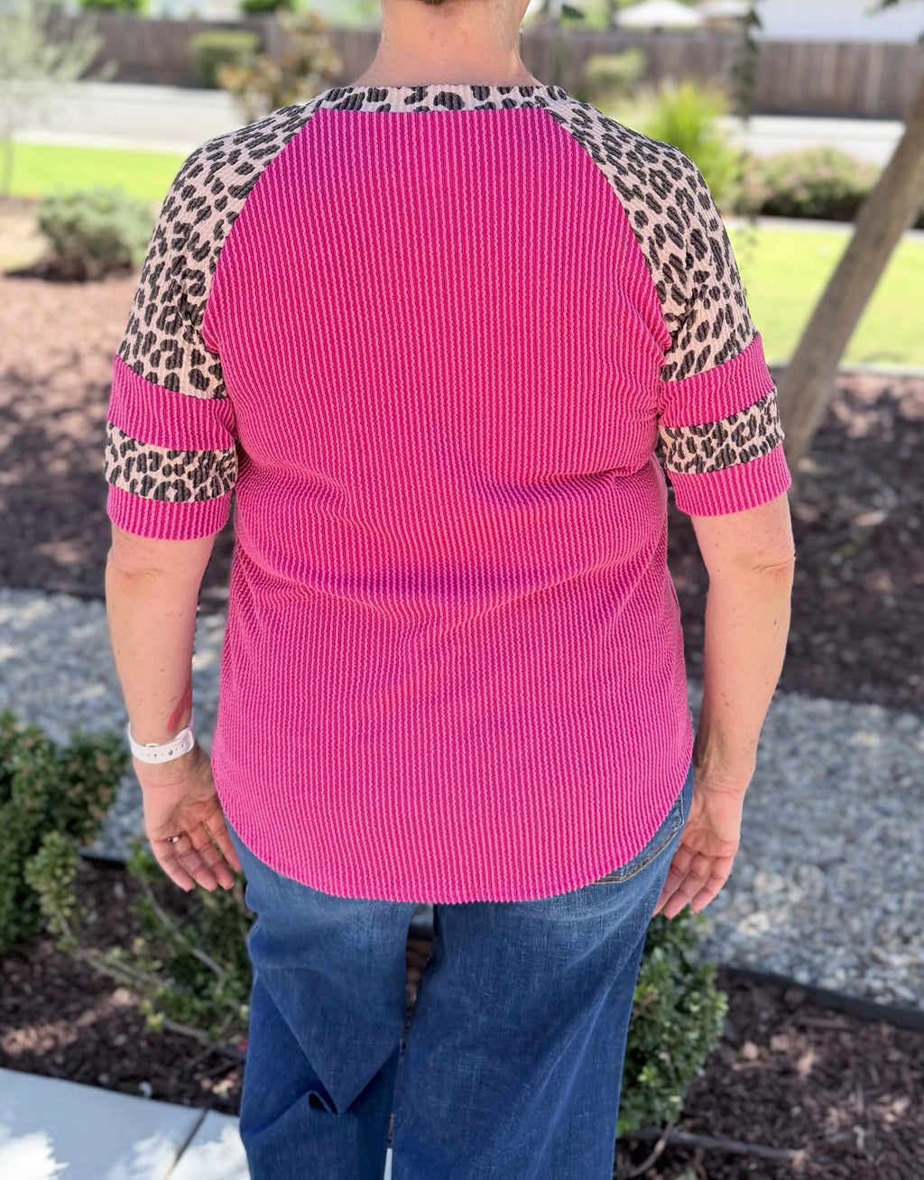 Rib-Knit Animal Print Contrast Top