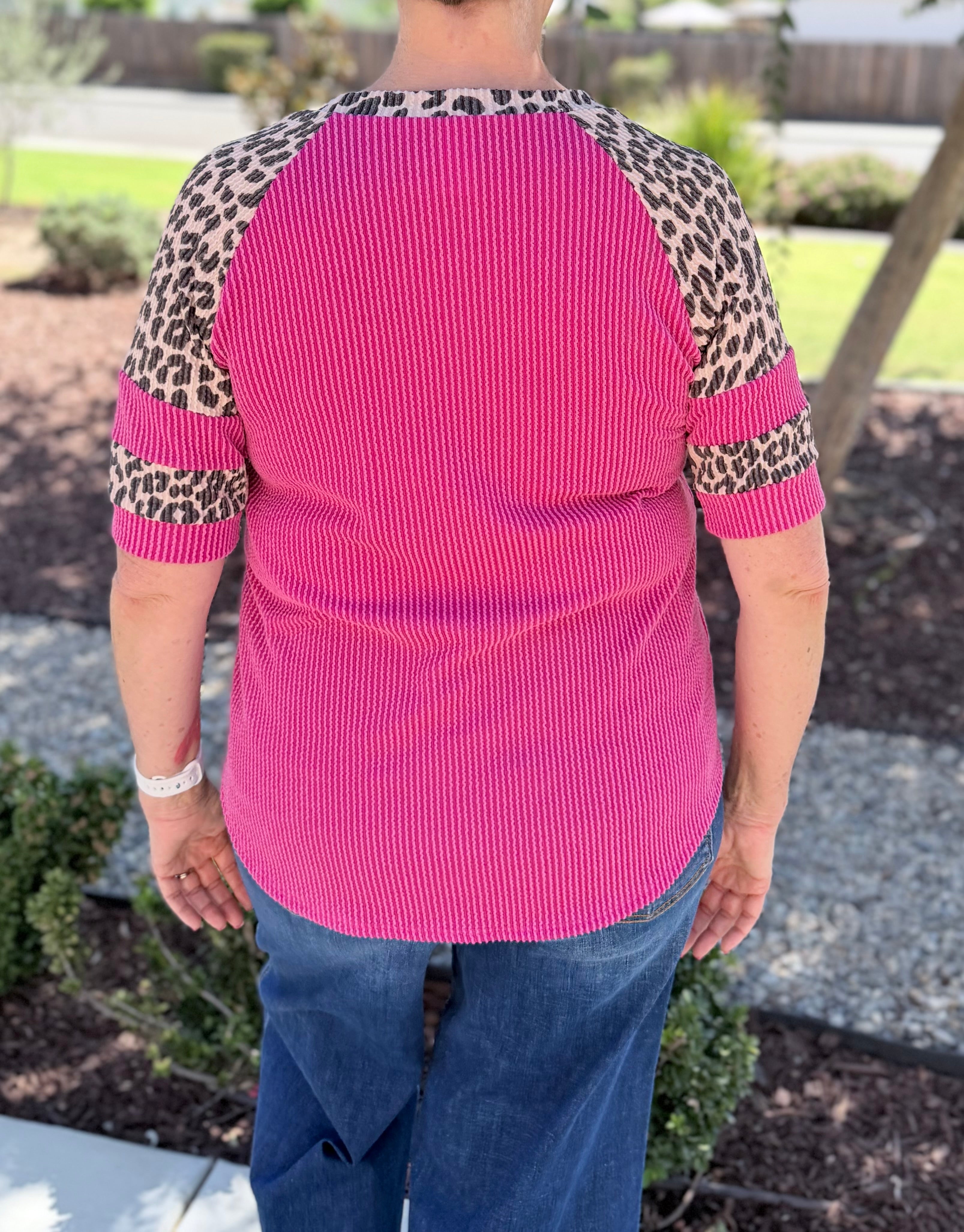 Rib-Knit Animal Print Contrast Top