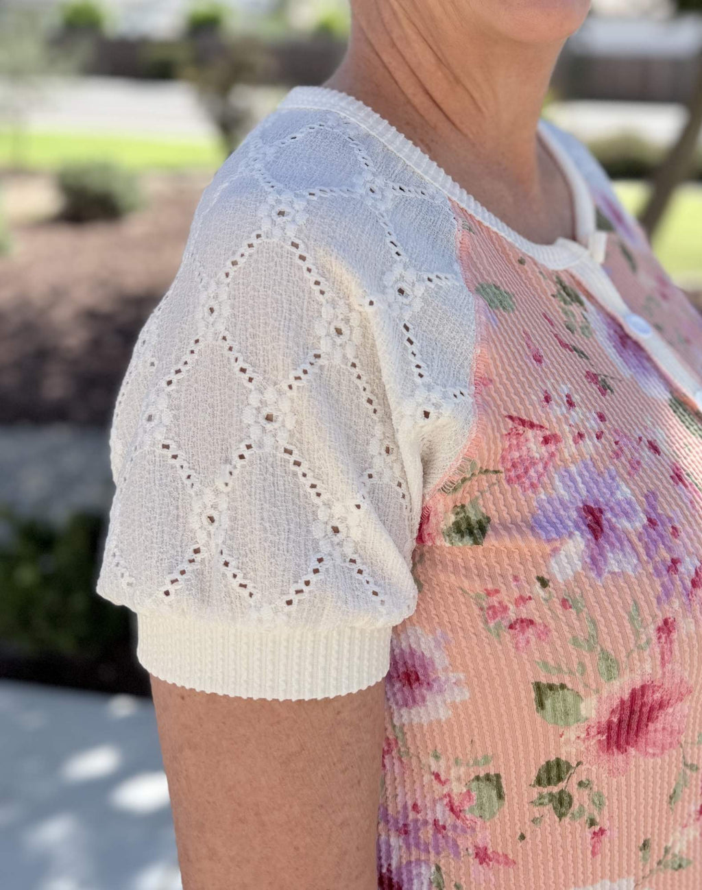 Coral Floral Rib Knit Henley Top