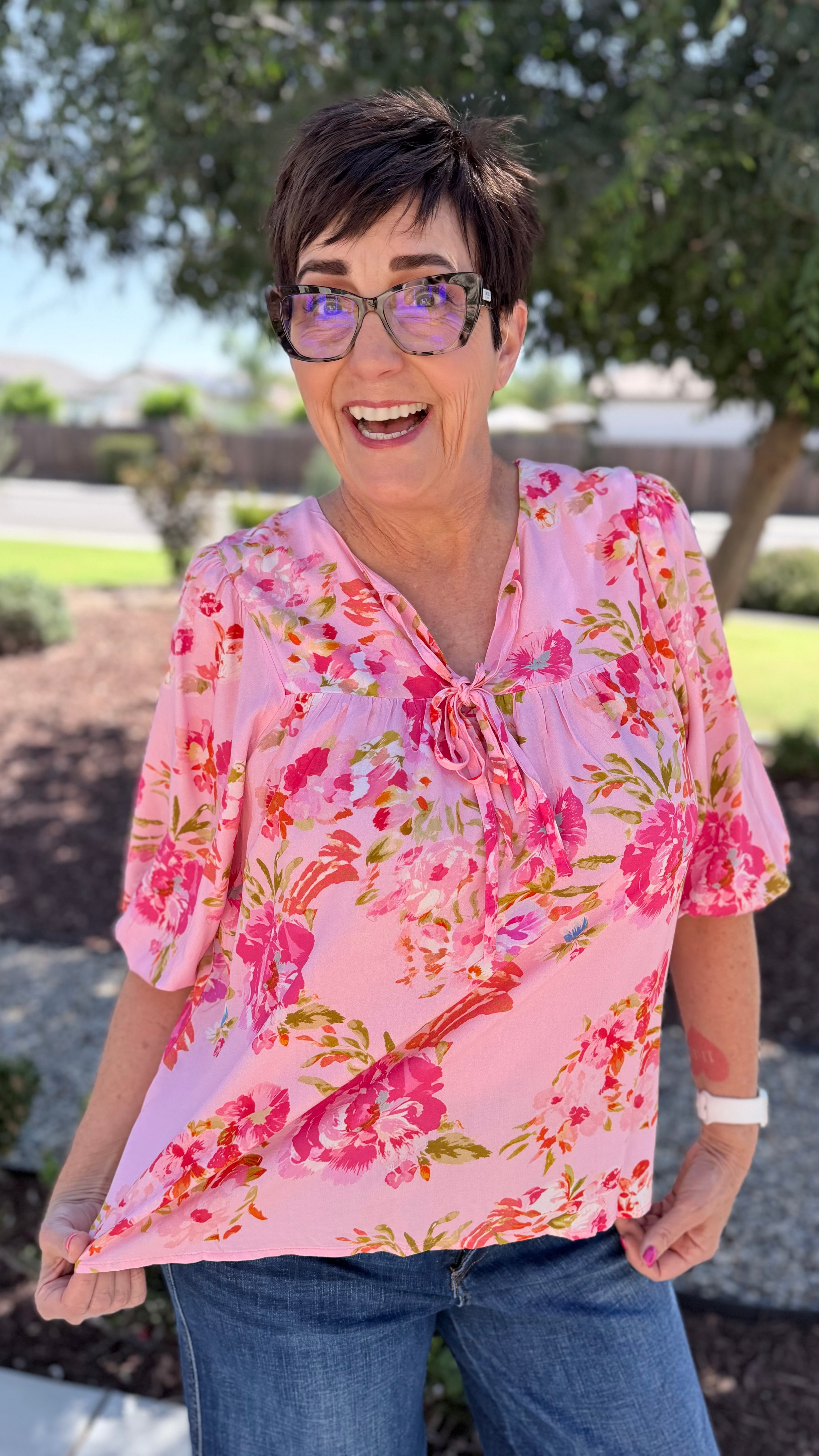 Floral V Neck Regular Knot Shift Half Sleeve Blouse