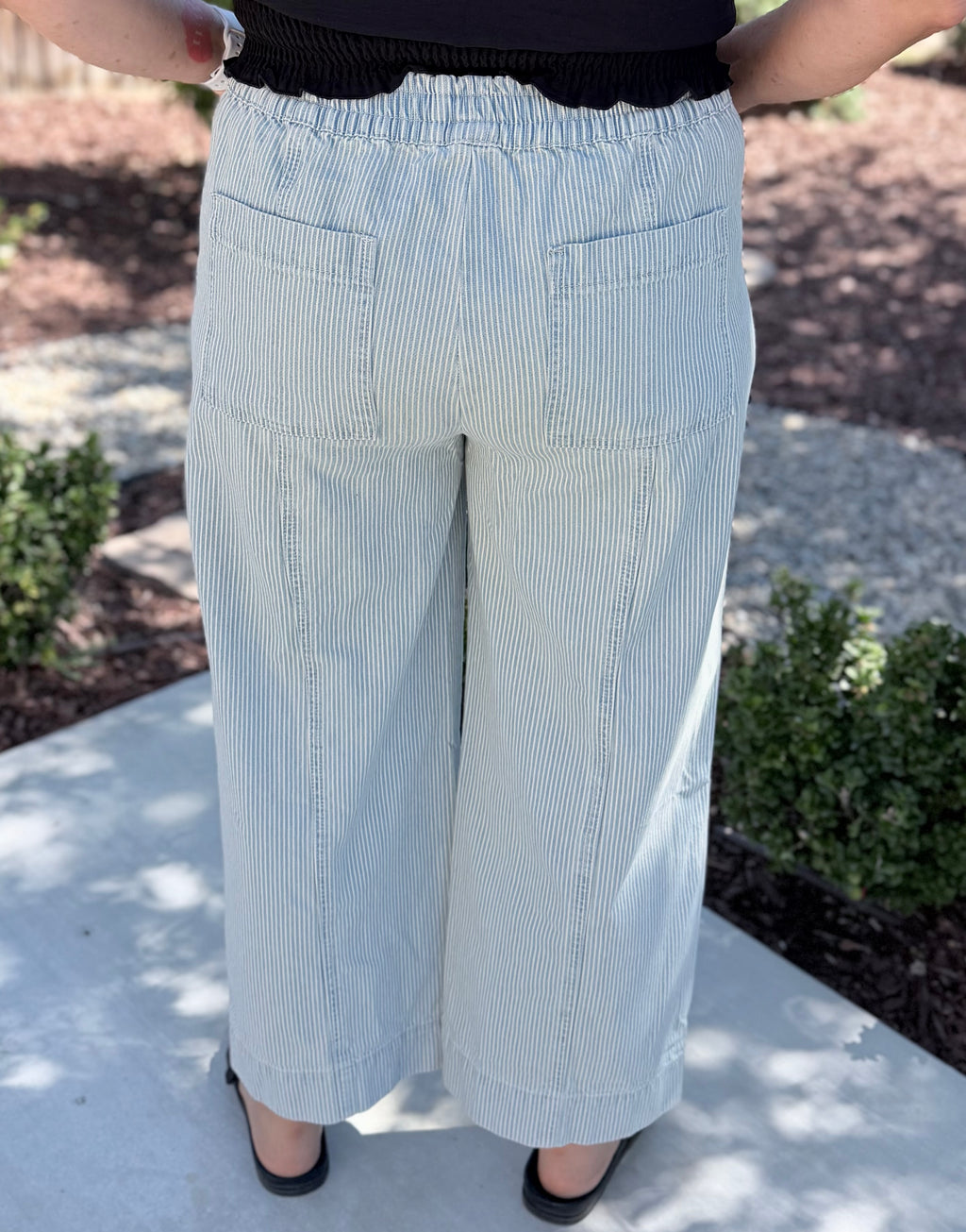 Sky Blue Stripe Wide Leg Jeans with Drawstring Waist
