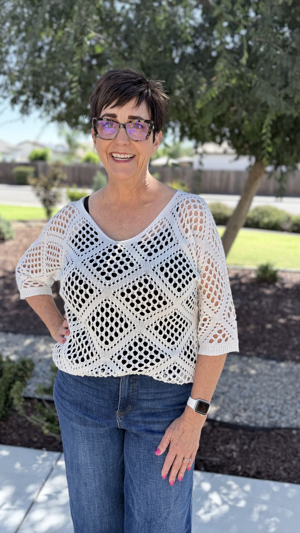 White Crochet Batwing Top – Women's V-Neck Boho Knit Top