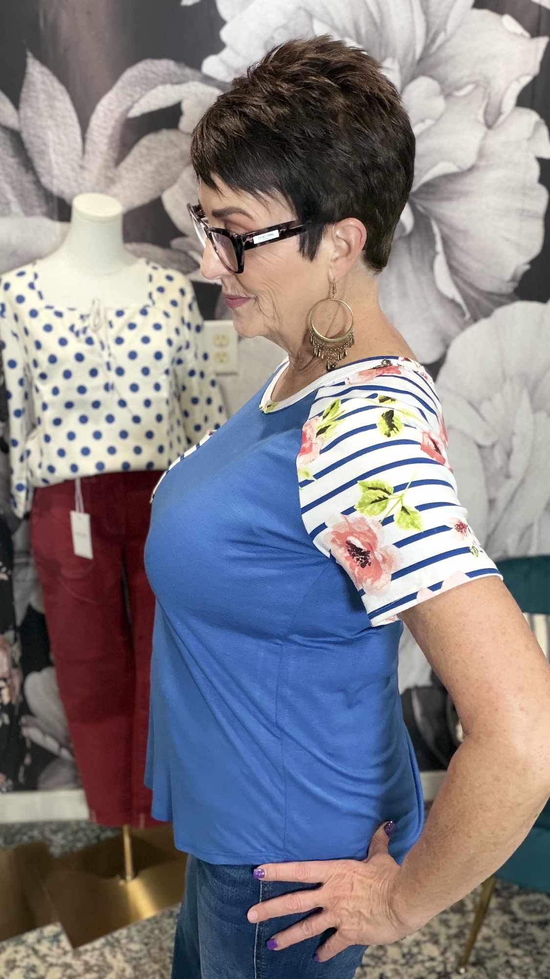 Floral Stripe Contrast Raglan Top