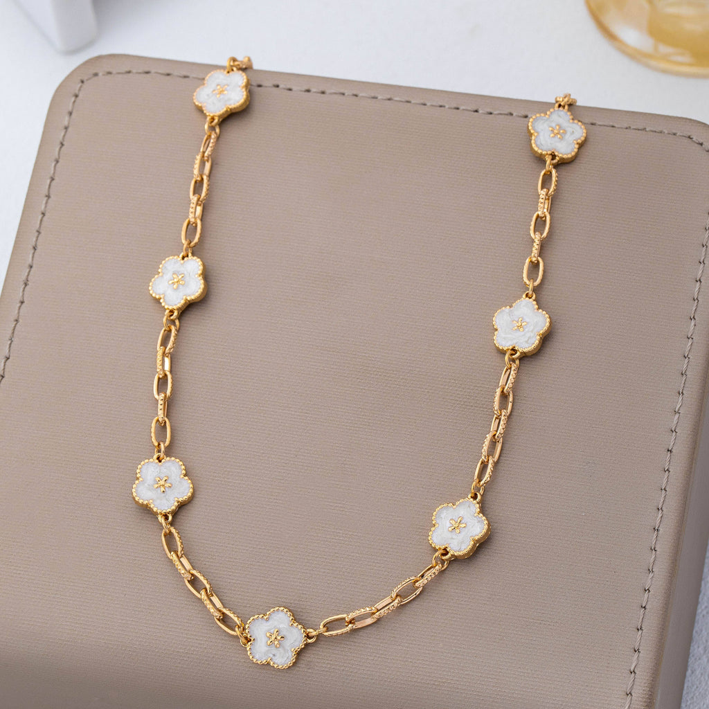 Vintage Floral Station Necklace – White Enamel & Gold