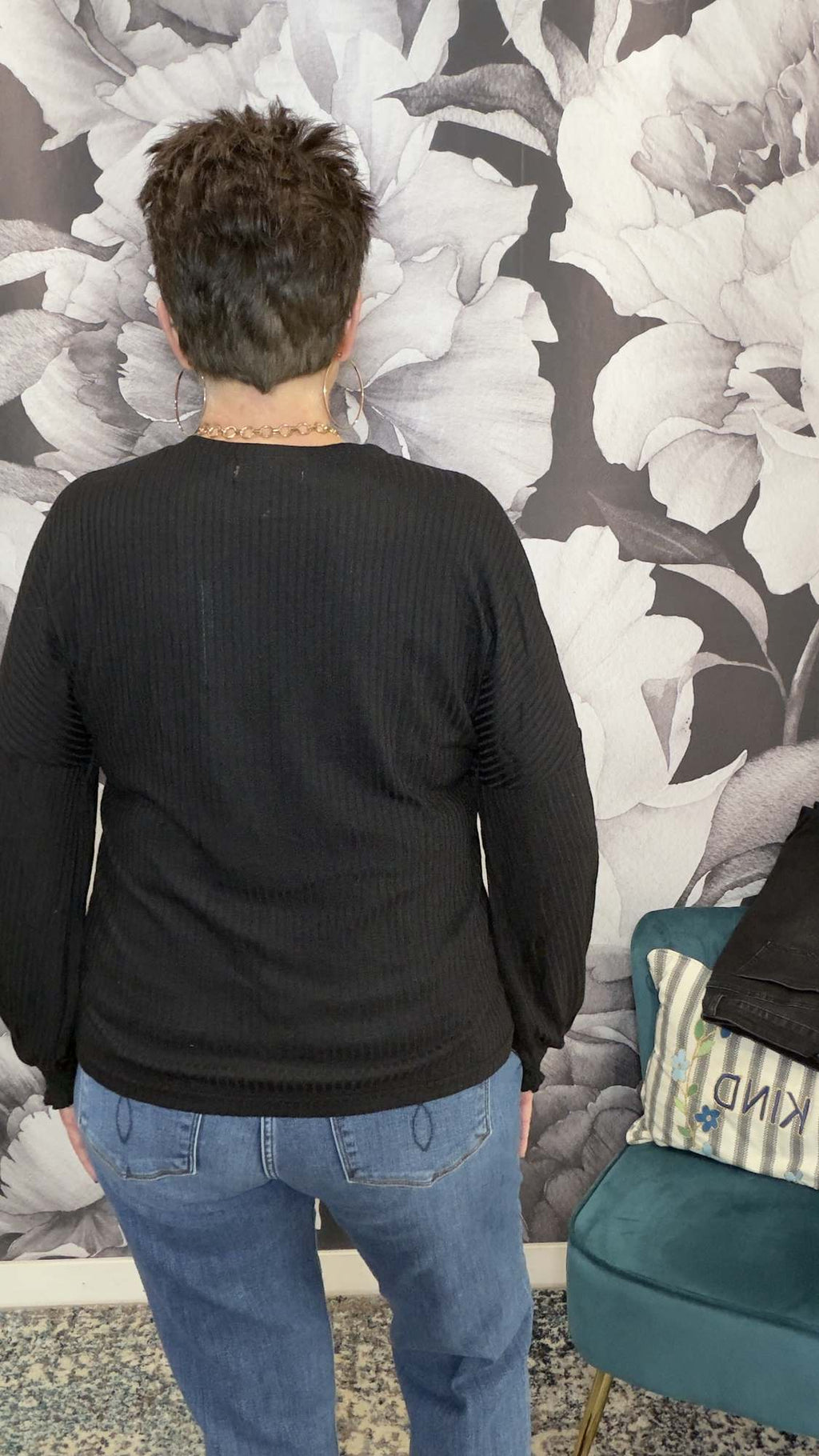 Black Ribbed Crewneck Long Sleeve Top