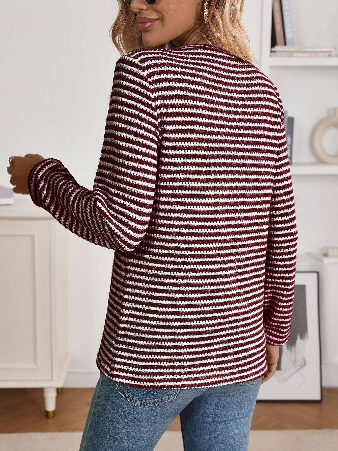 Striped Textured Knit Henley Top – Women's Long Sleeve Casual Top
