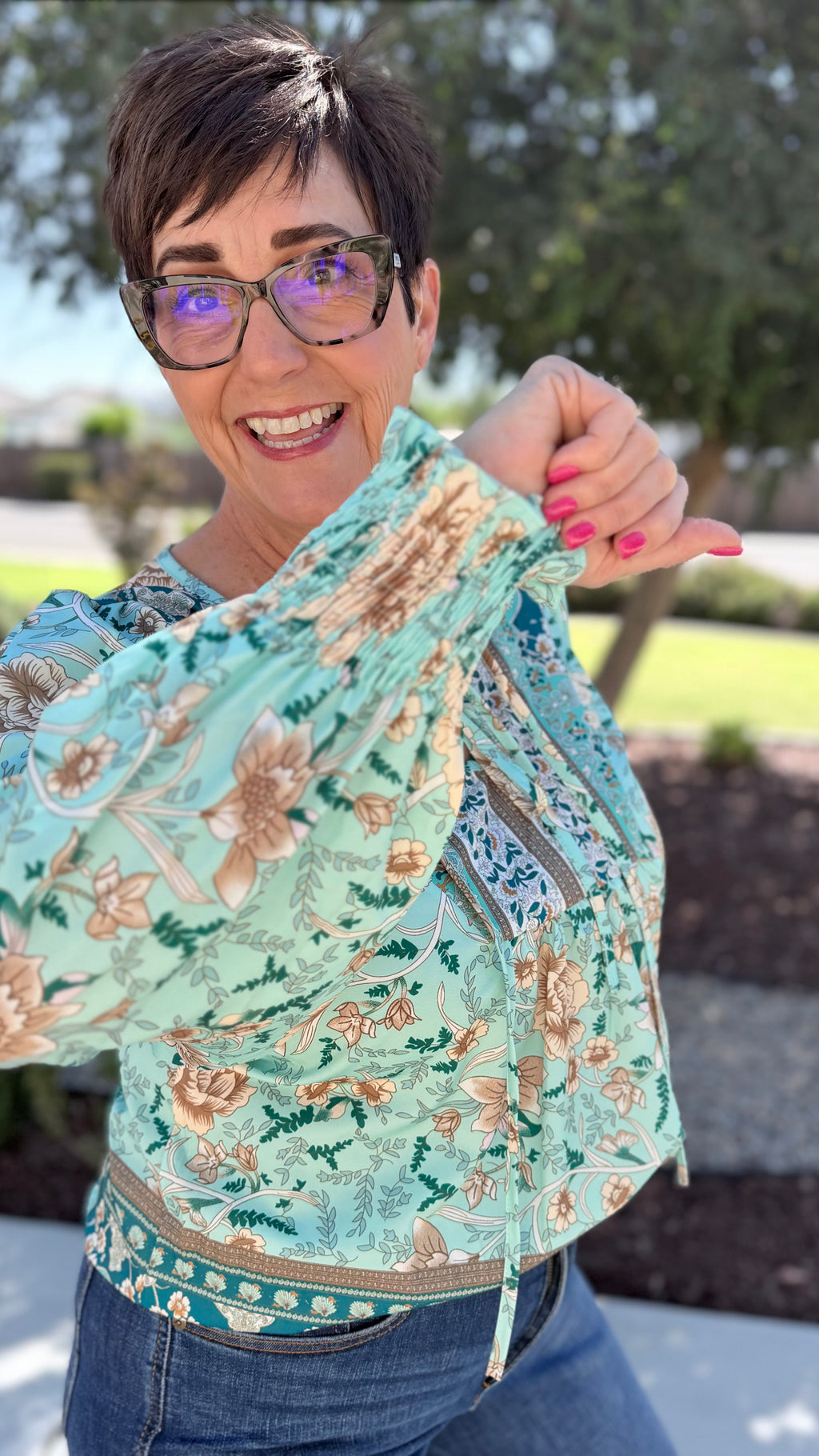 Blue Floral Boho Blouse – Women's Billowy Sleeve Viscose Top
