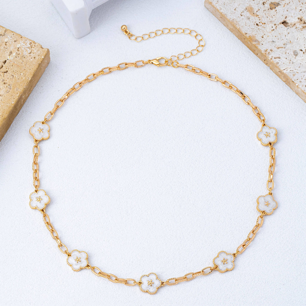 Vintage Floral Station Necklace – White Enamel & Gold