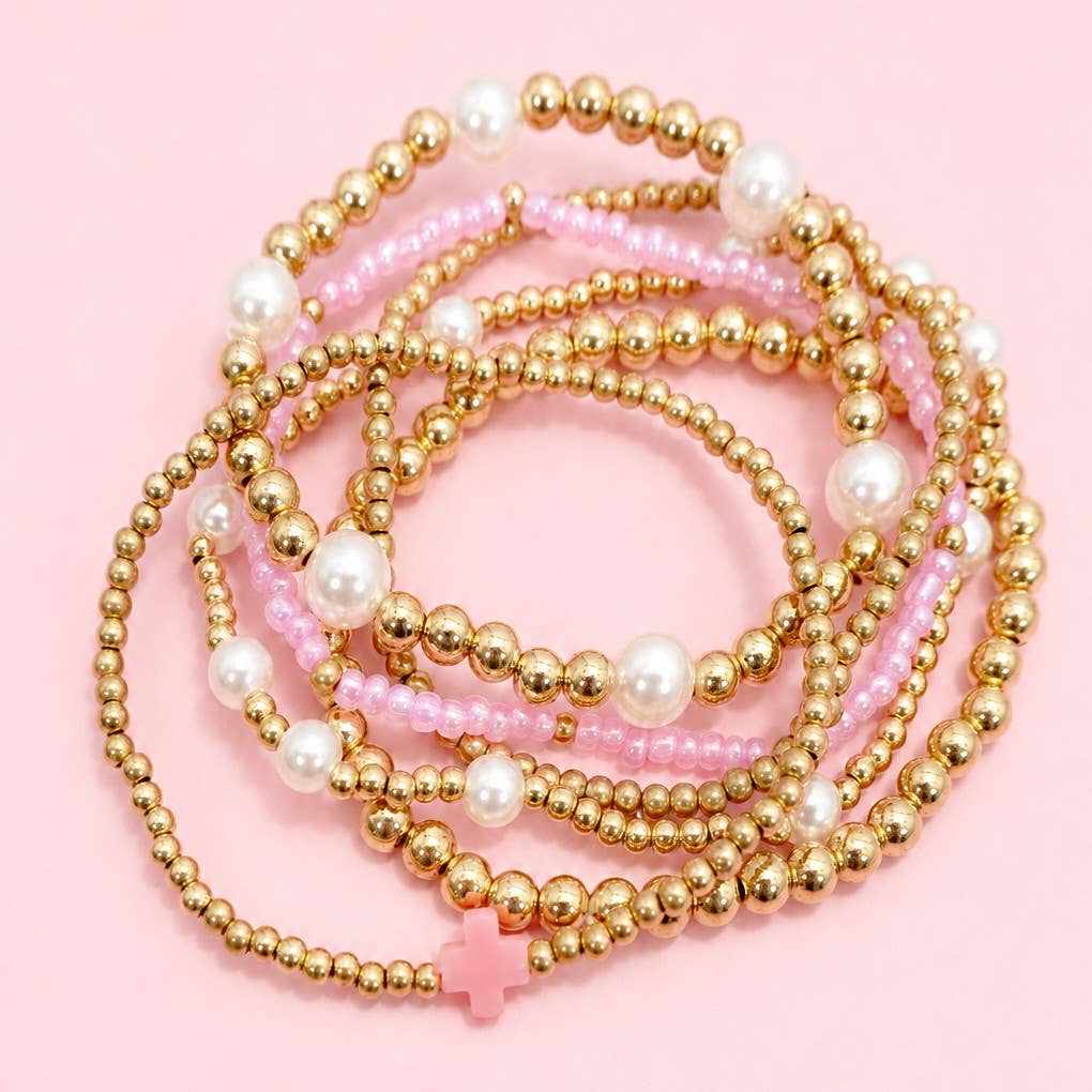MULTI BALL PEARL BEAD CROSS STRETCHABLE BRACELET