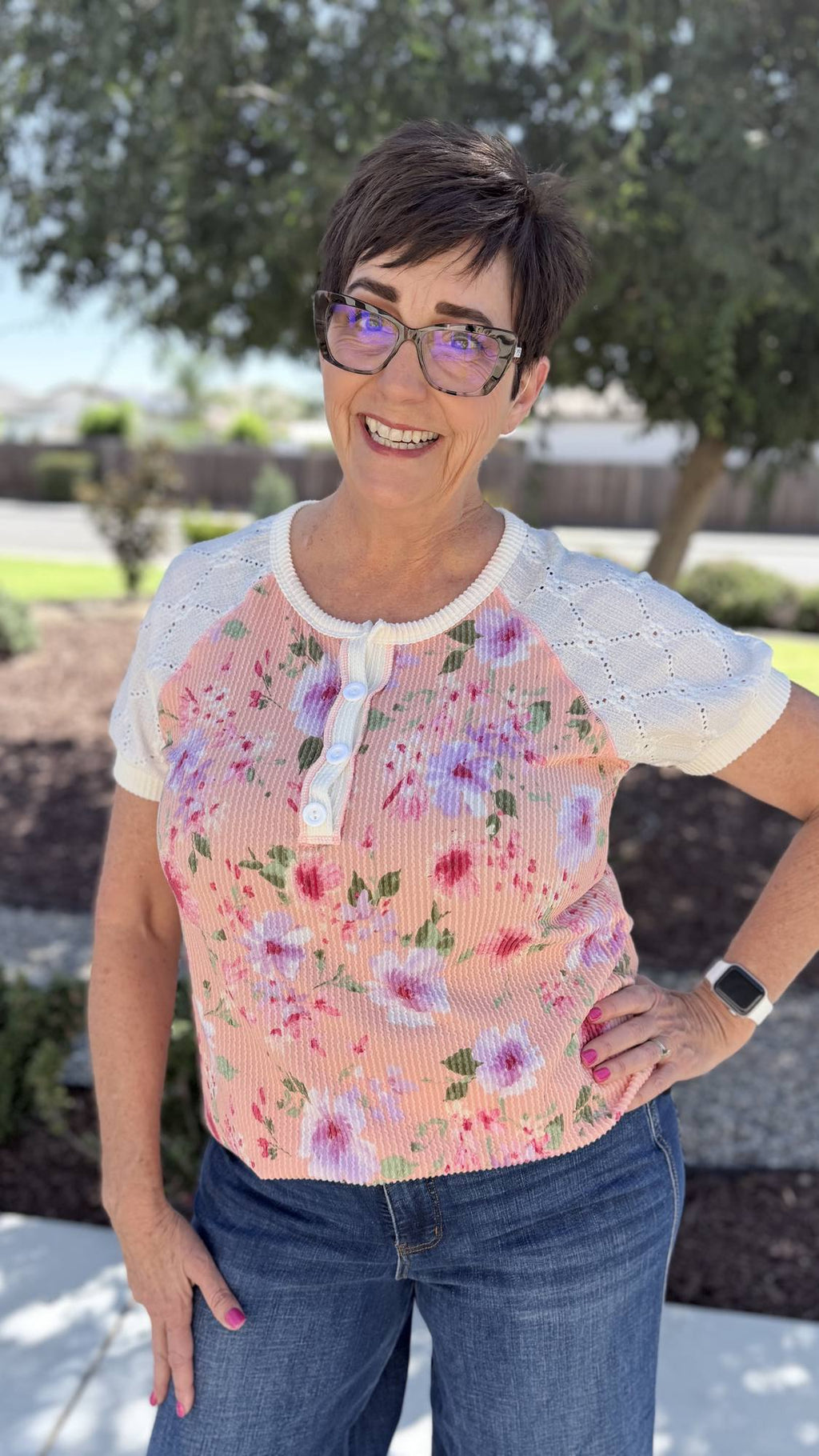 Coral Floral Rib Knit Henley Top