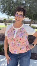Coral Floral Rib Knit Henley Top