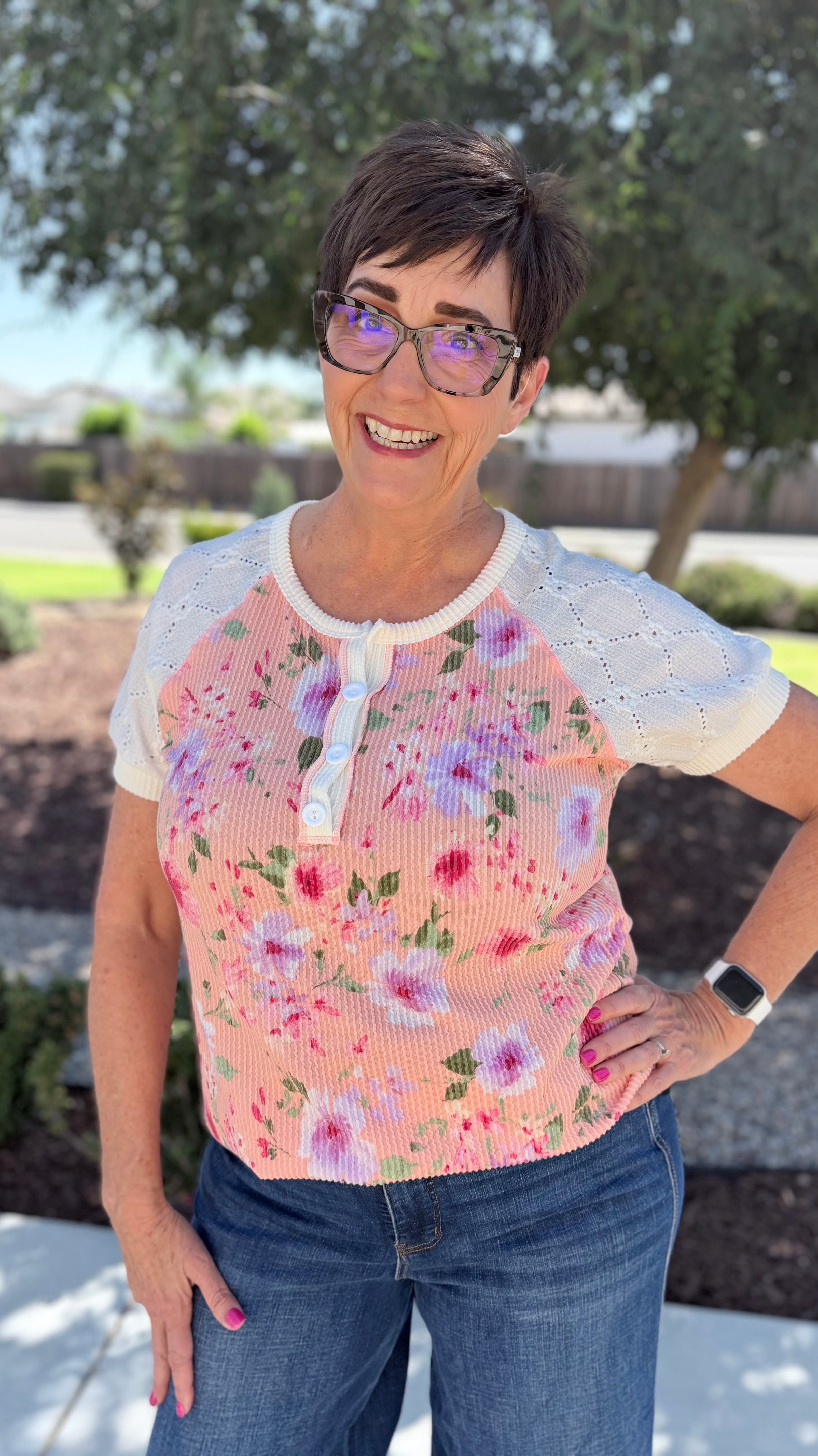 Coral Floral Rib Knit Henley Top