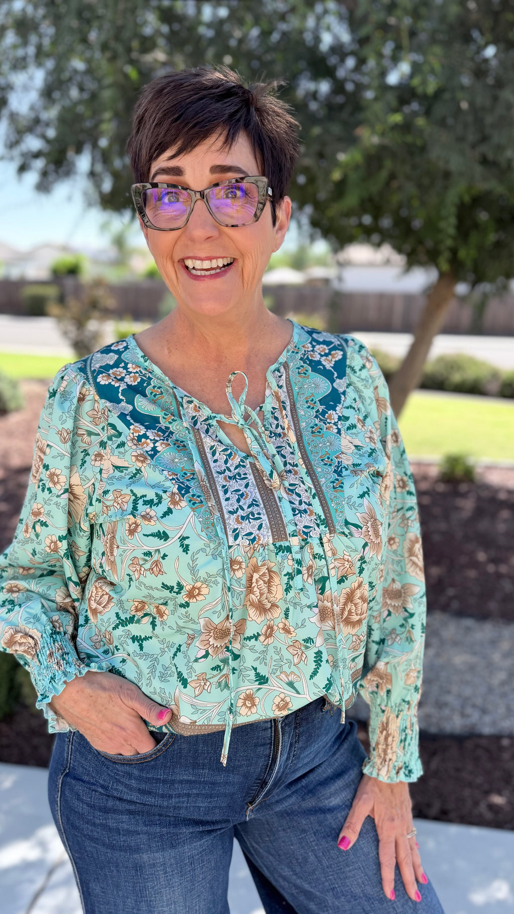 Blue Floral Boho Blouse – Women's Billowy Sleeve Viscose Top