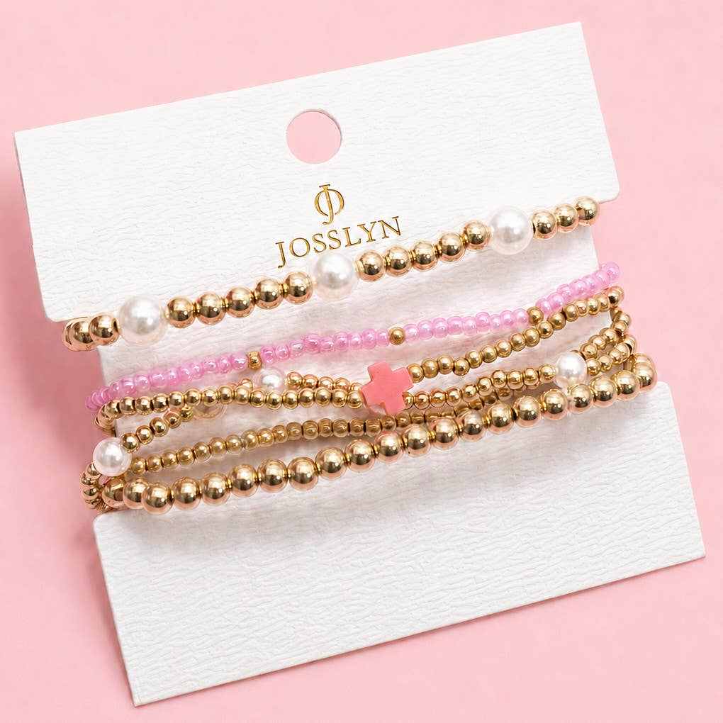 MULTI BALL PEARL BEAD CROSS STRETCHABLE BRACELET