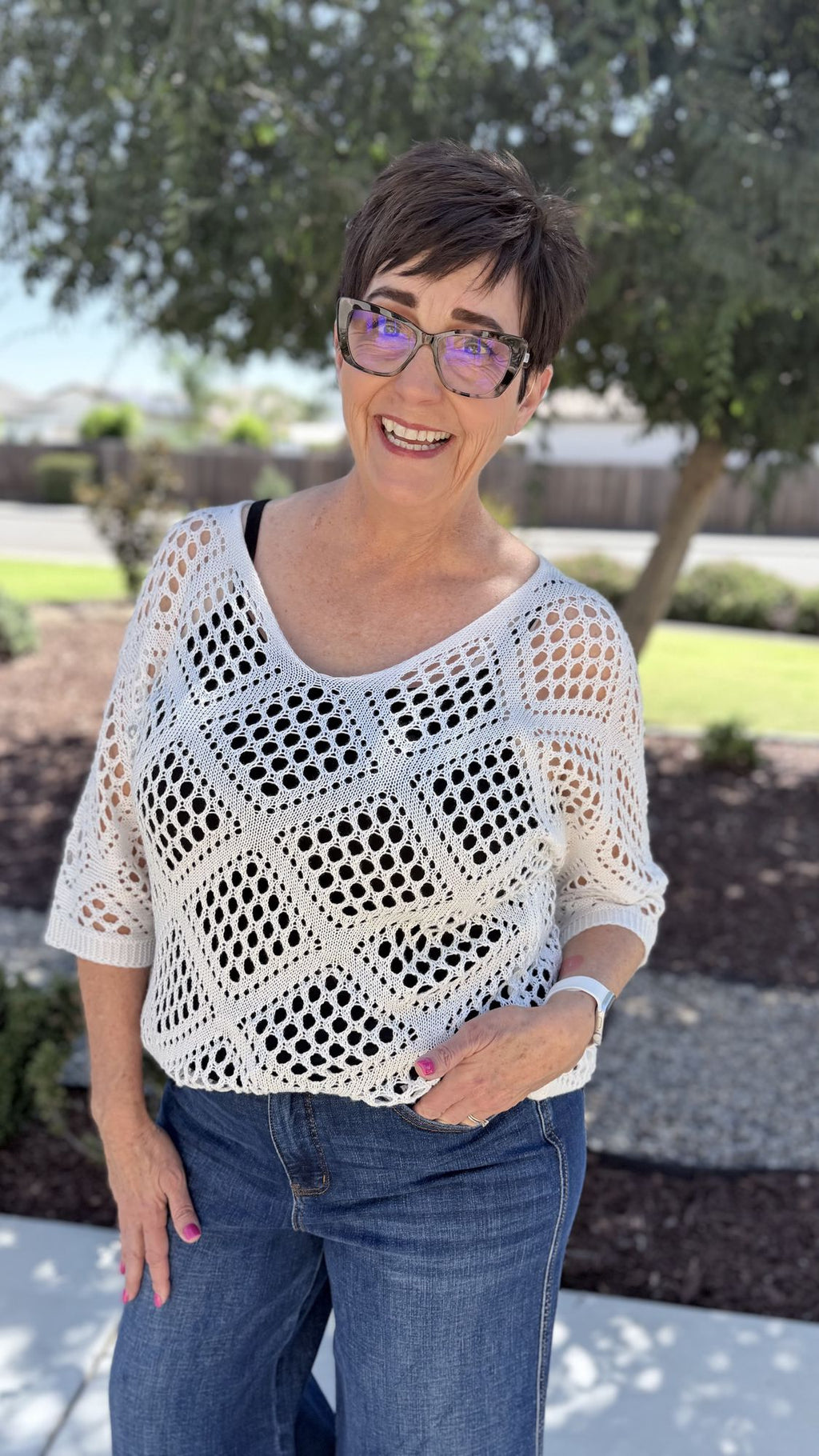 White Crochet Batwing Top – Women's V-Neck Boho Knit Top