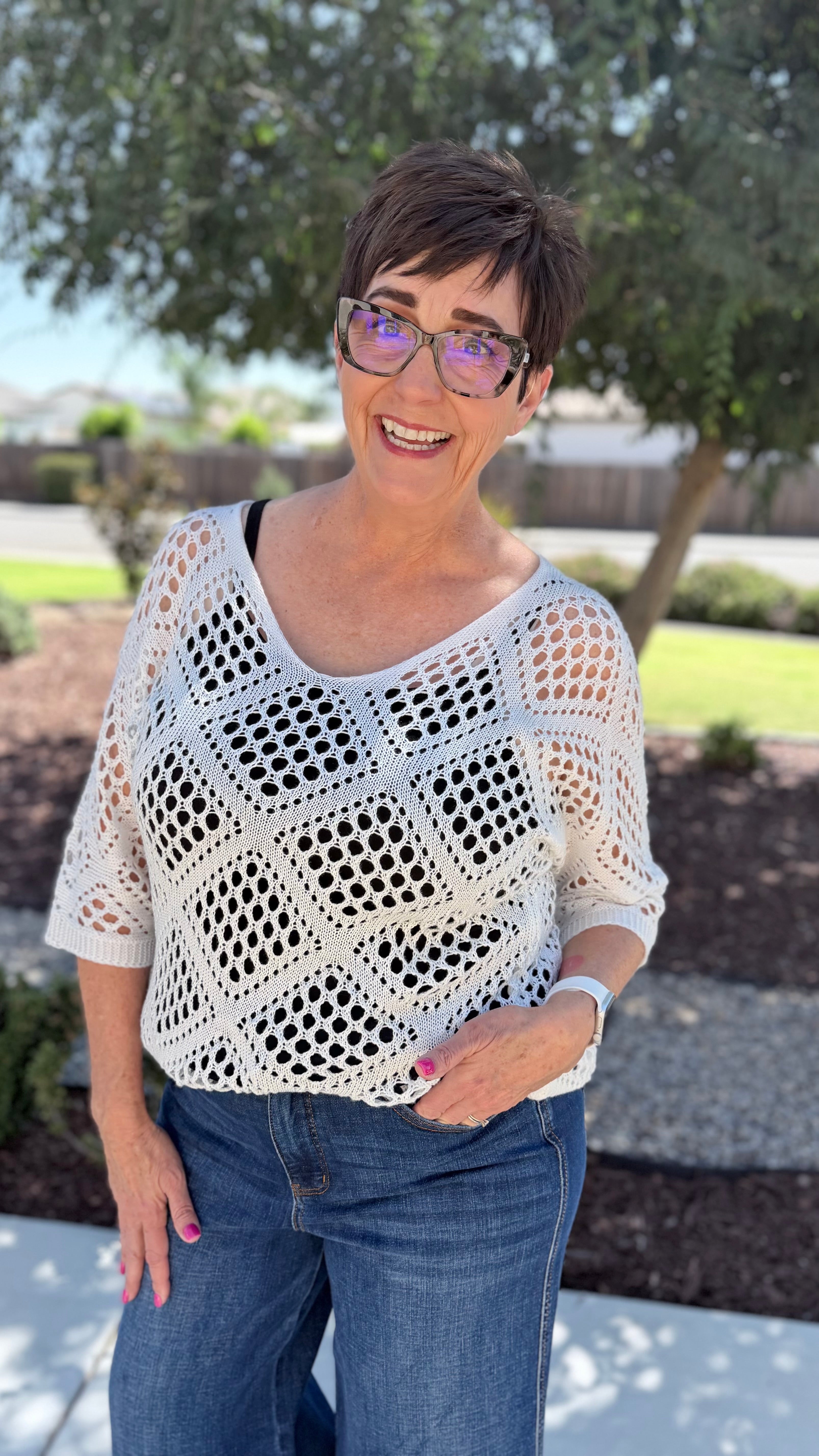 White Crochet Batwing Top – Women's V-Neck Boho Knit Top