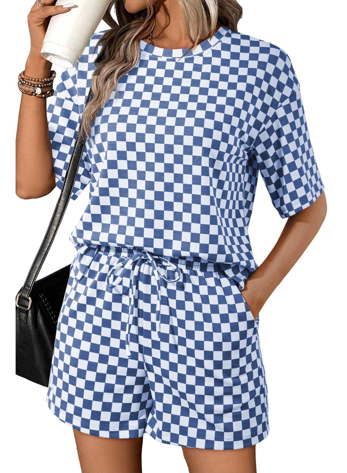 Blue Checkerboard Lounge Set – Women's Two-Piece Matching Set