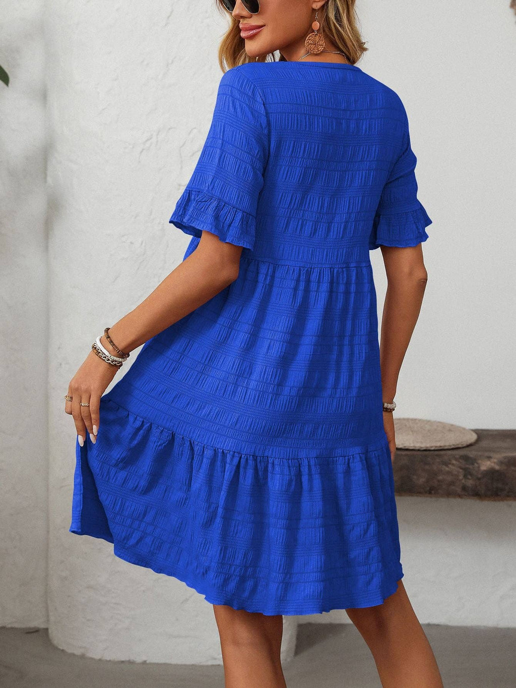 Women Ruffle Sleeve A Line Tiered Flowy Casual Trendy Mini Dress - Blue
