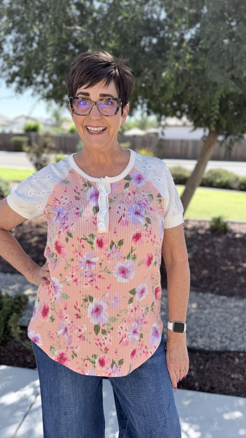 Coral Floral Rib Knit Henley Top