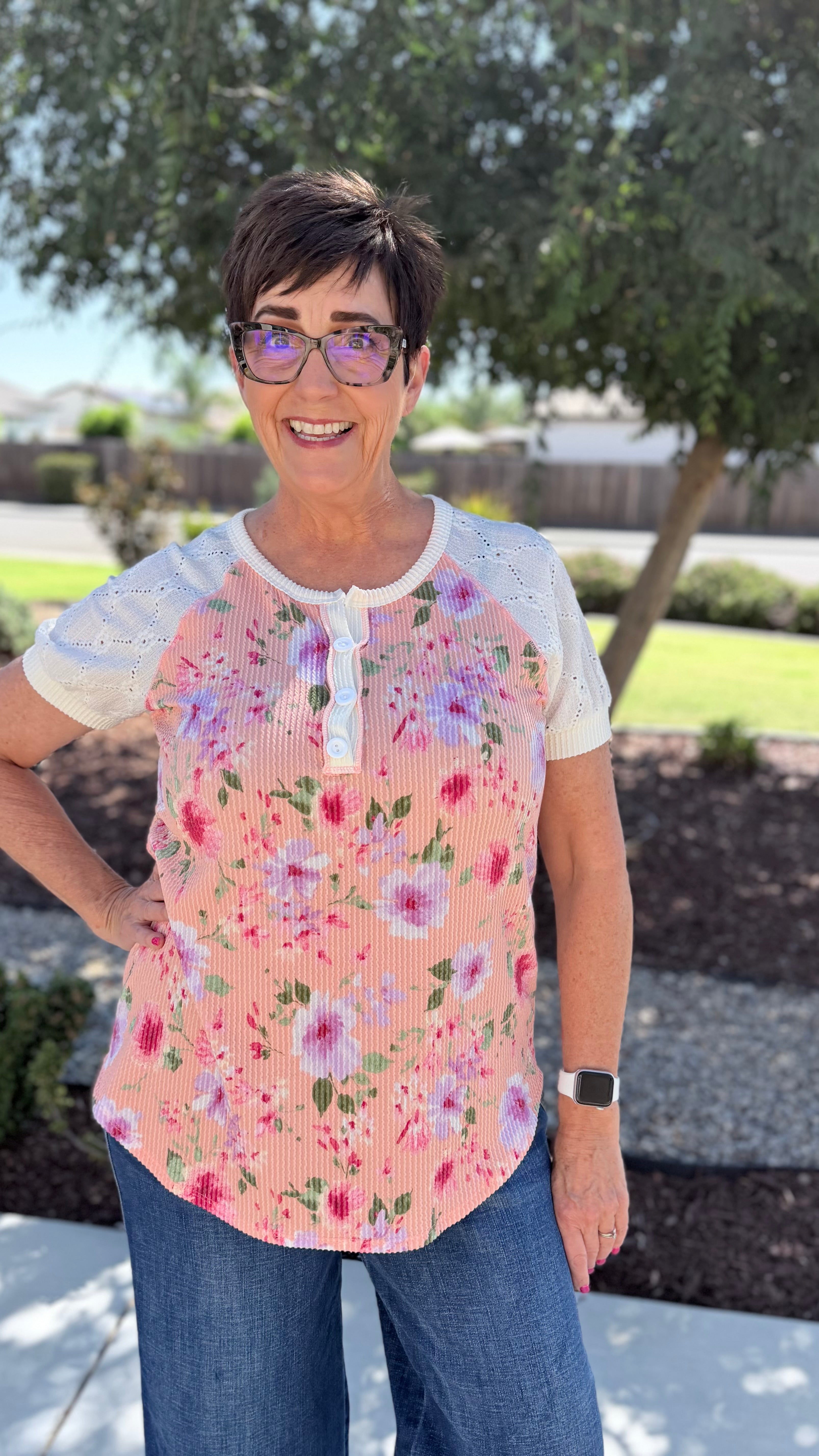 Coral Floral Rib Knit Henley Top
