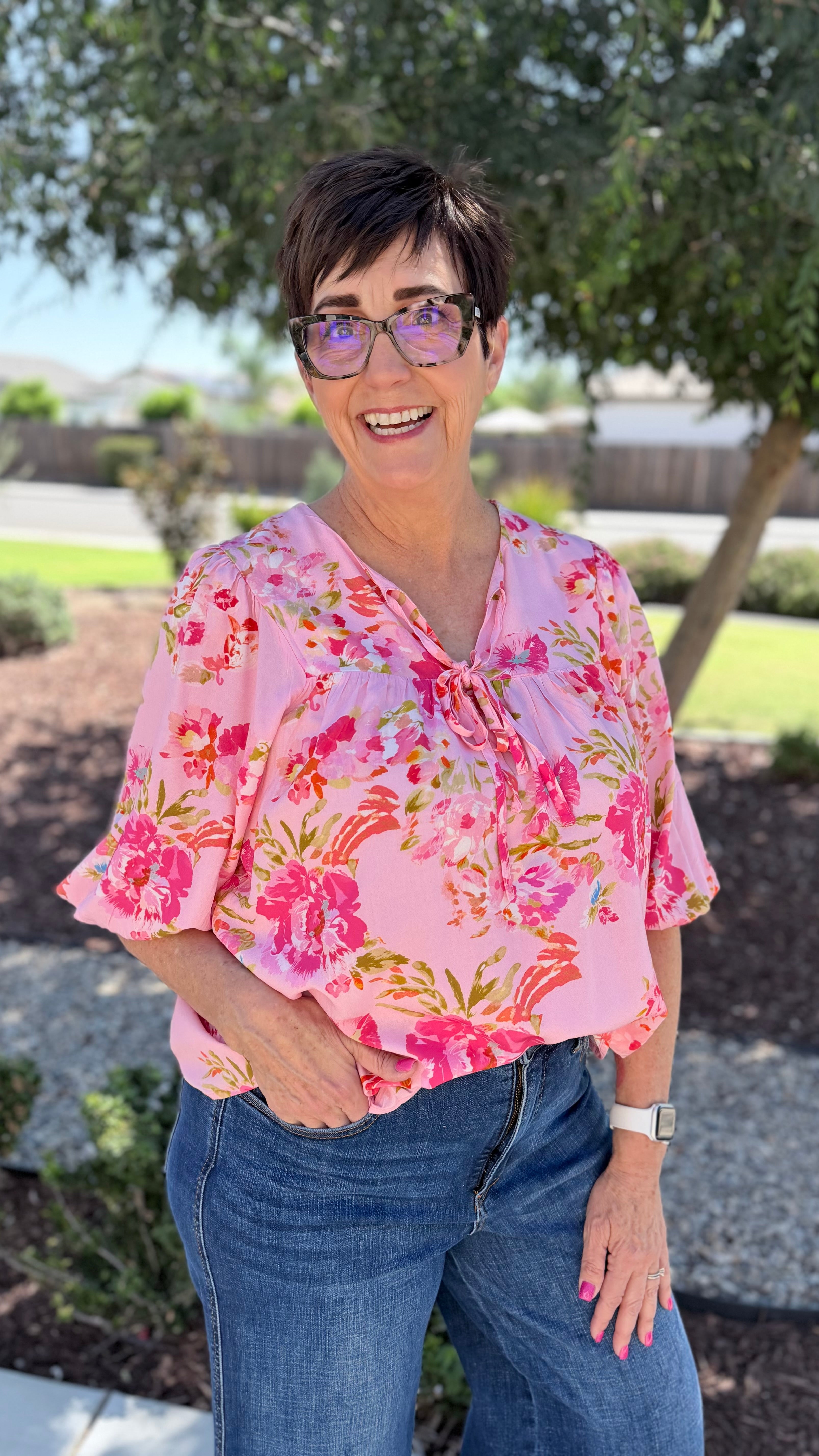 Floral V Neck Regular Knot Shift Half Sleeve Blouse