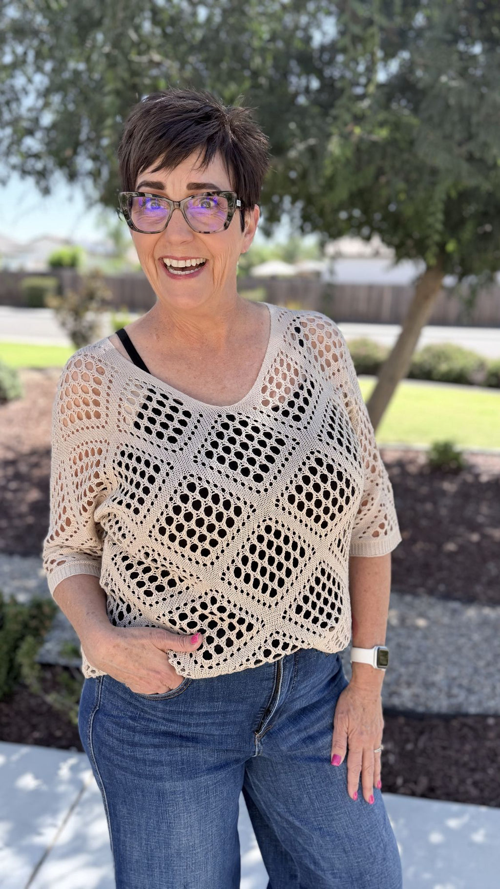 Khaki Crochet Batwing Top – Women's V-Neck Boho Knit Top