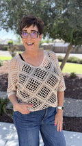 Khaki Crochet Batwing Top – Women's V-Neck Boho Knit Top
