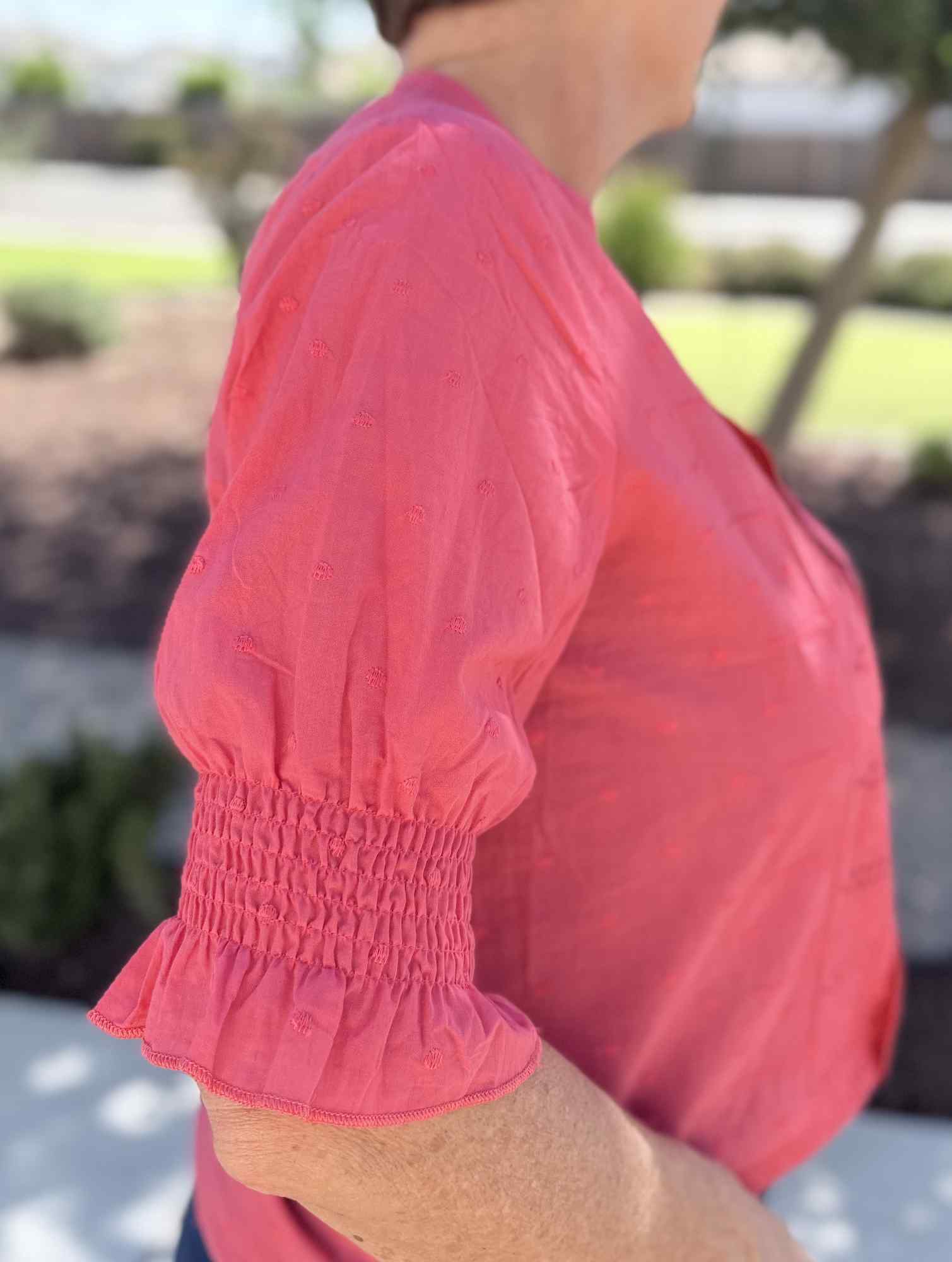 Eyelet Boho Blouse — Split V-Neck Puff Sleeve Top