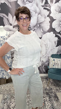 Solid Color Crewneck Sweet Short-Sleeve Hollow-Out Top - White