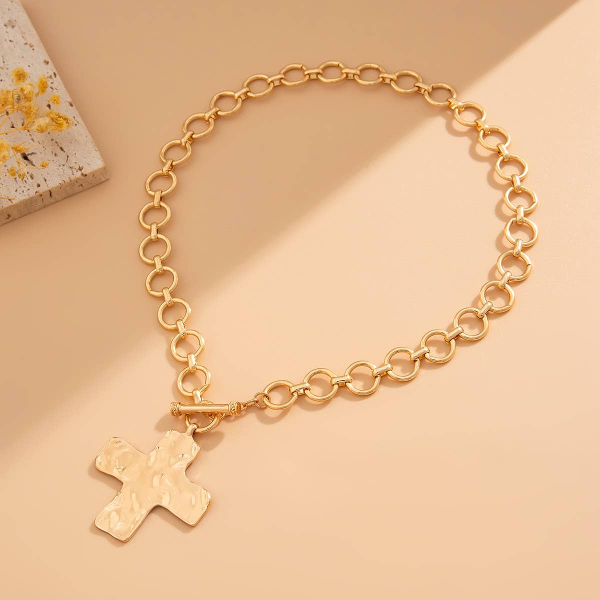 Hammered Cross Toggle Necklace – Gold Statement Pendant