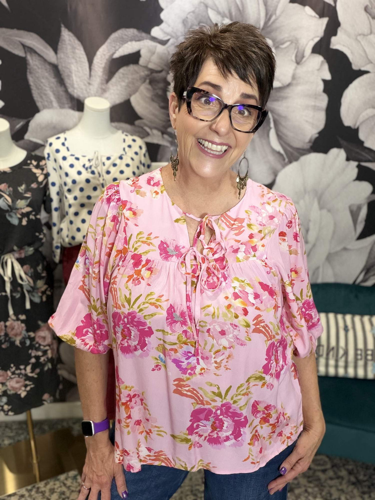 Floral V Neck Regular Knot Shift Half Sleeve Blouse