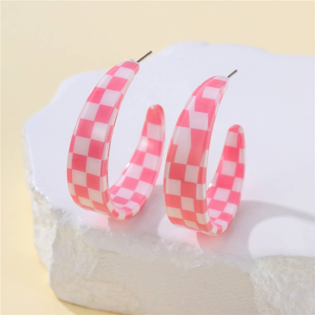 Retro Checkerboard Hoop Earrings – Black & Pink Statement Earrings