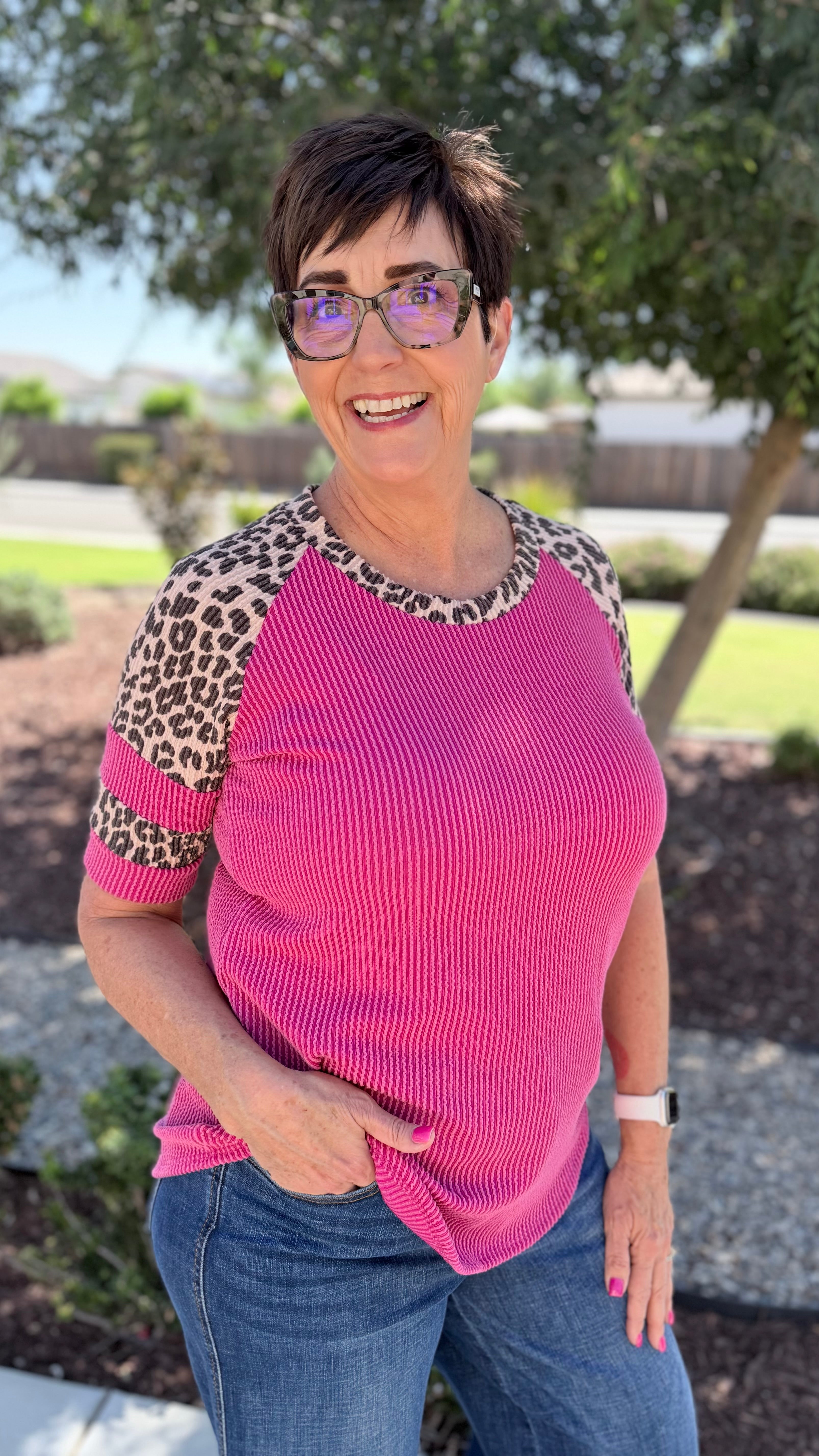 Rib-Knit Animal Print Contrast Top
