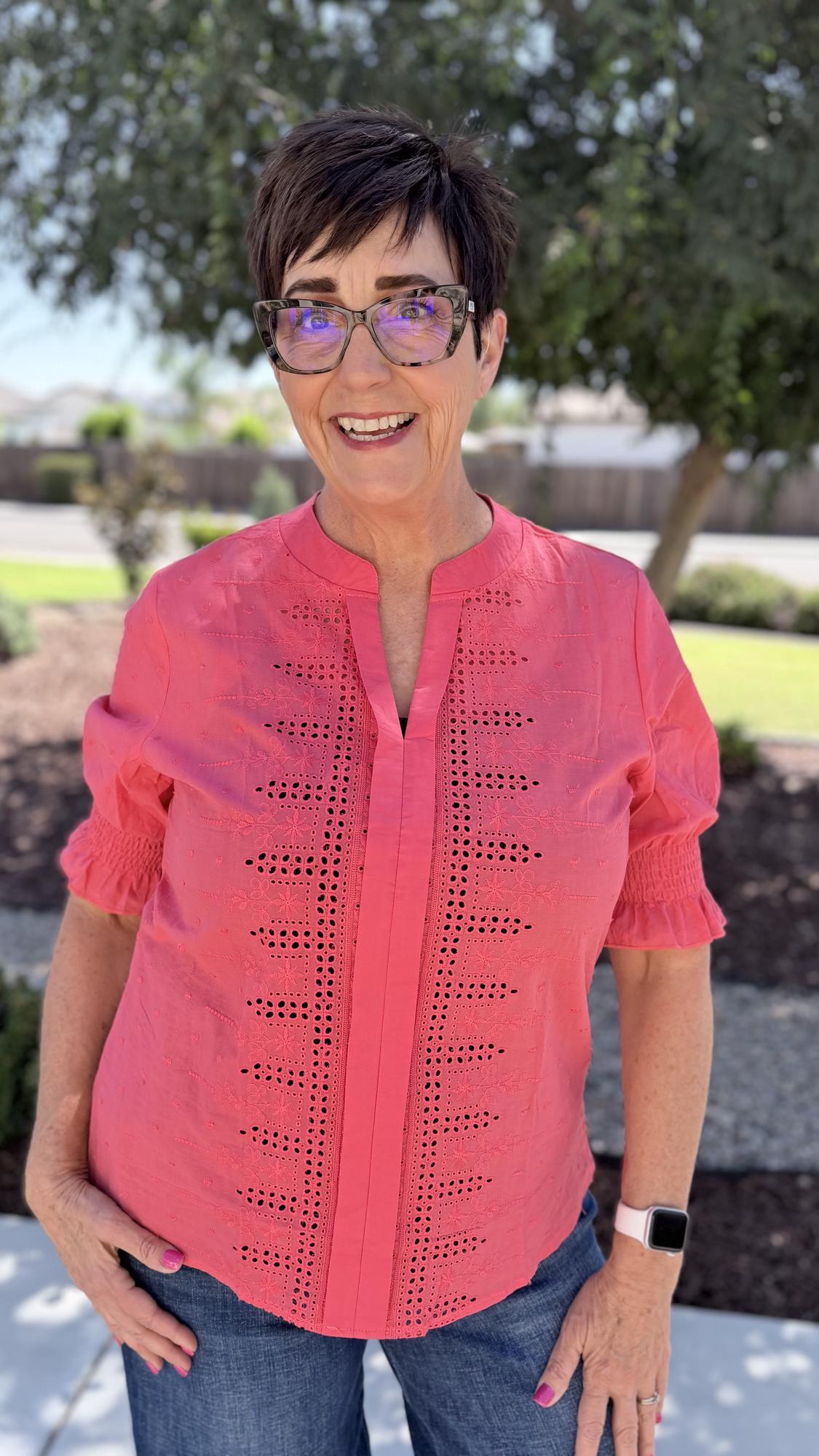 Eyelet Boho Blouse — Split V-Neck Puff Sleeve Top