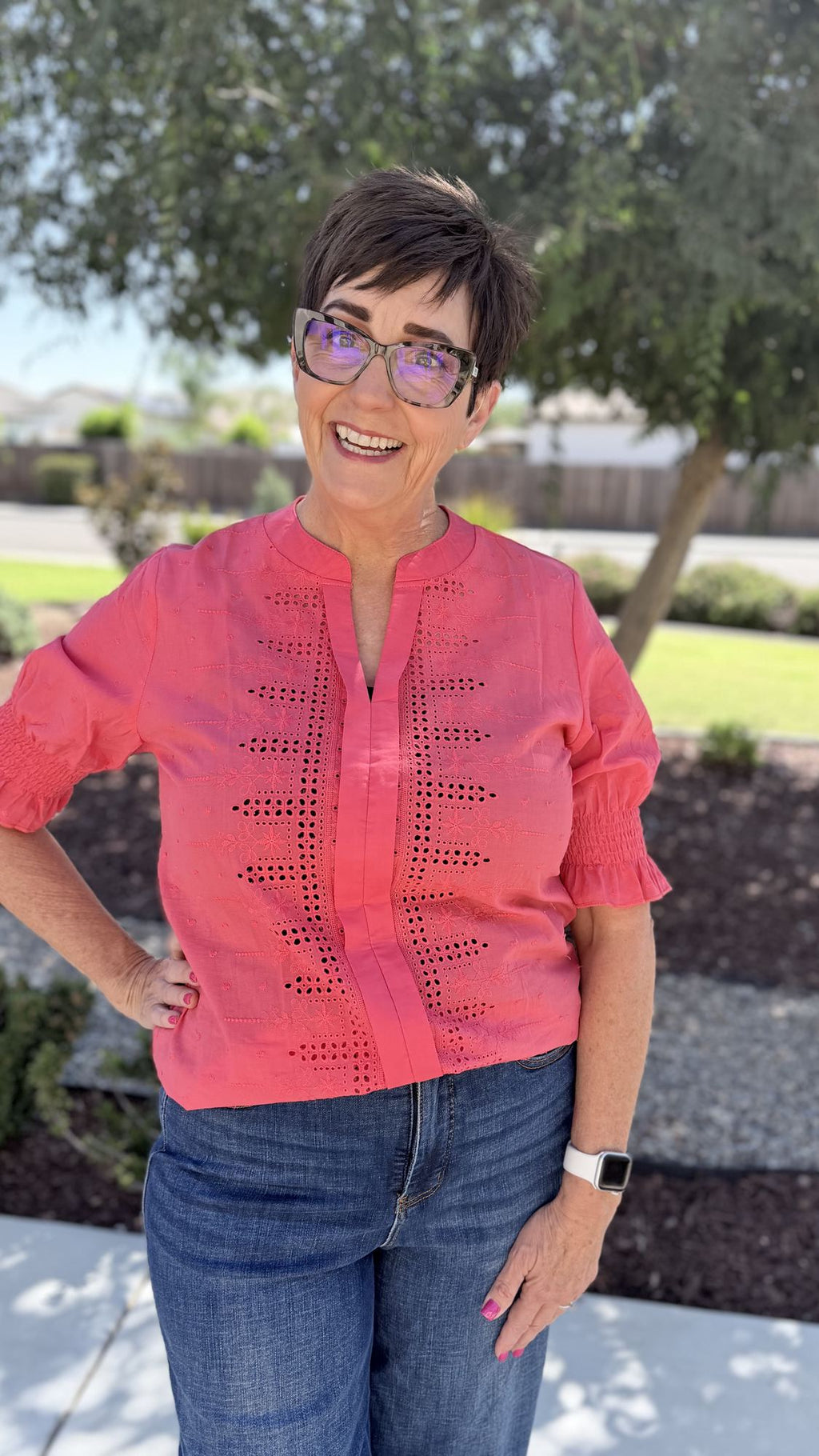 Eyelet Boho Blouse — Split V-Neck Puff Sleeve Top