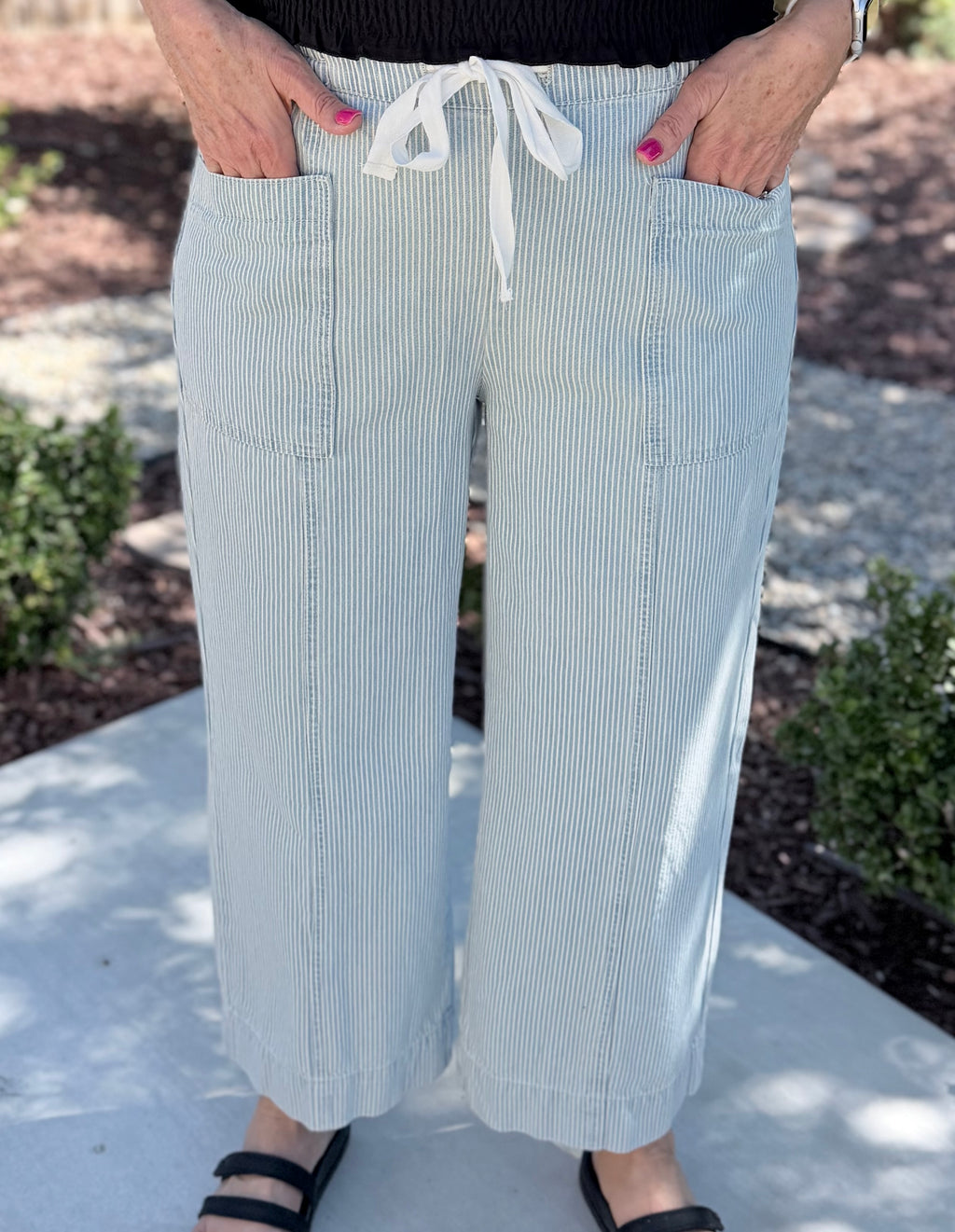 Sky Blue Stripe Wide Leg Jeans with Drawstring Waist