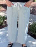Sky Blue Stripe Wide Leg Jeans with Drawstring Waist