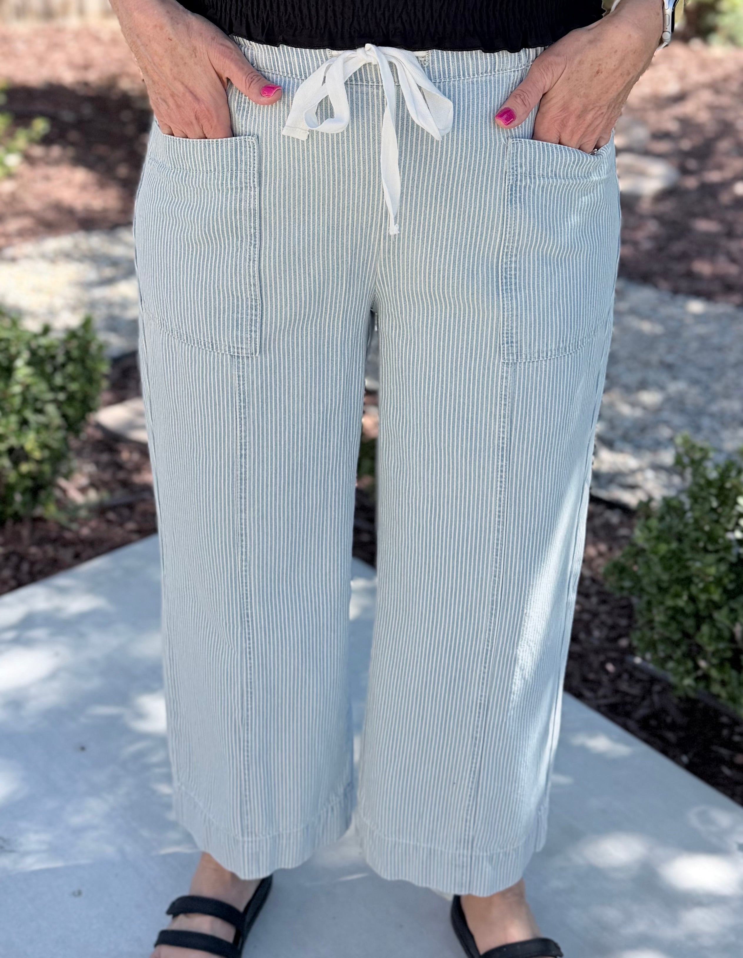 Sky Blue Stripe Wide Leg Jeans with Drawstring Waist