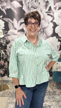 Womens Striped Button Down Ruffle Hem Blouse 3/4 Sleeve